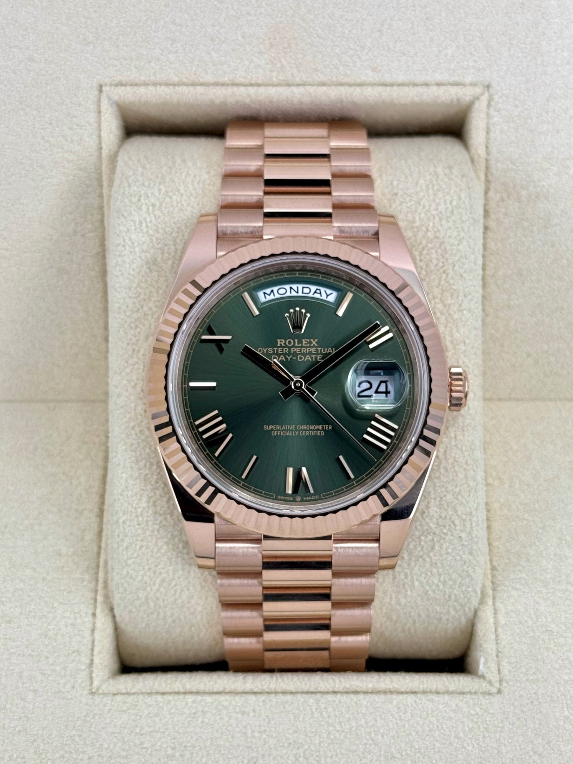 2024 Rolex Day-Date 40mm 228235 Presidential Rose Gold Olive Dial - MyWatchLLC