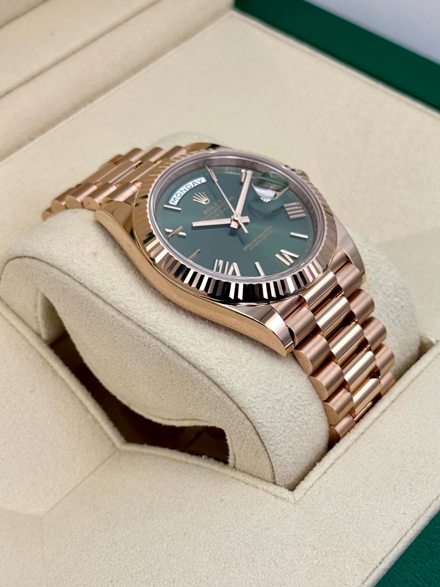 2024 Rolex Day-Date 40mm 228235 Presidential Rose Gold Olive Dial - MyWatchLLC