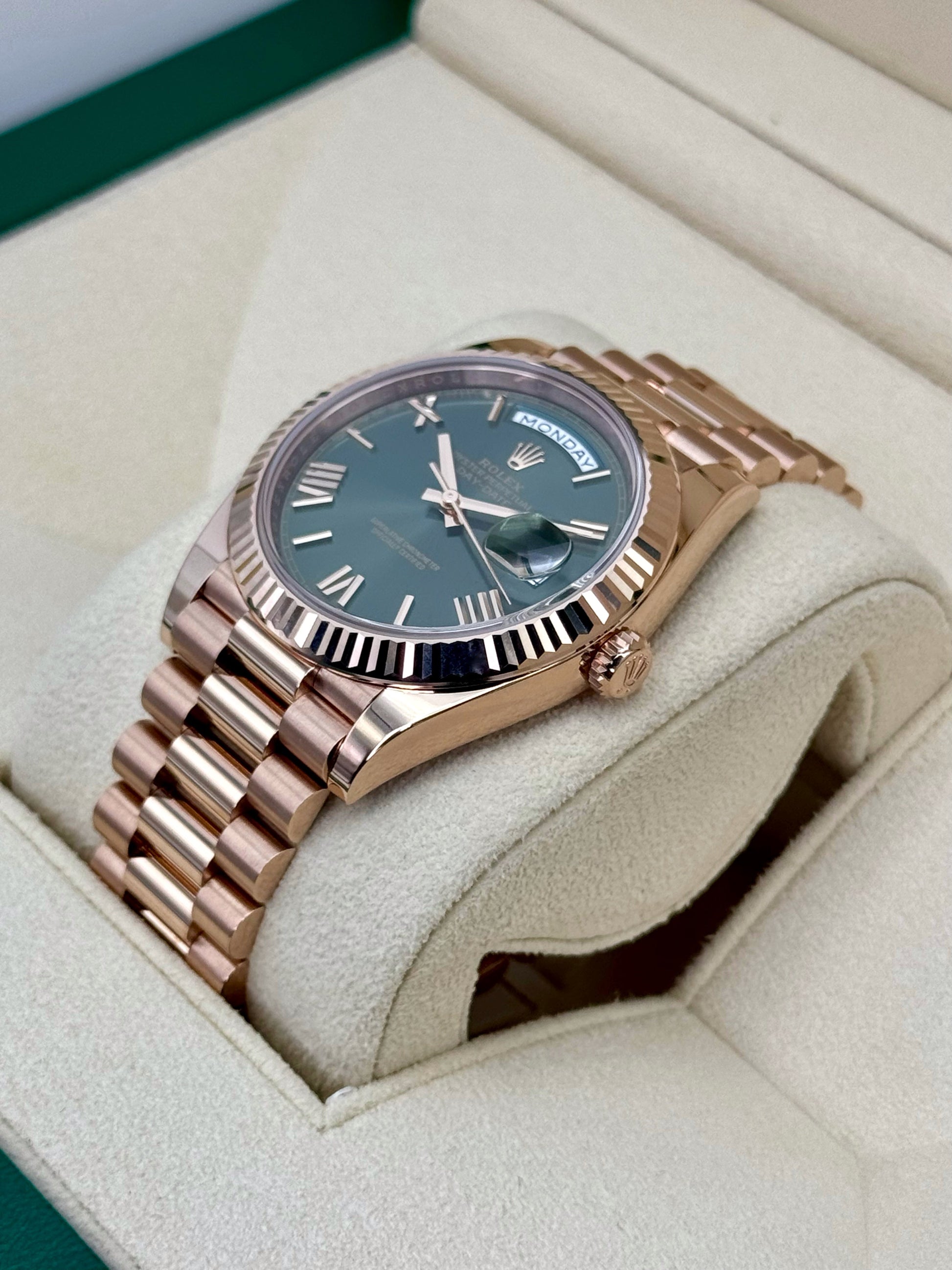 2024 Rolex Day-Date 40mm 228235 Presidential Rose Gold Olive Dial - MyWatchLLC
