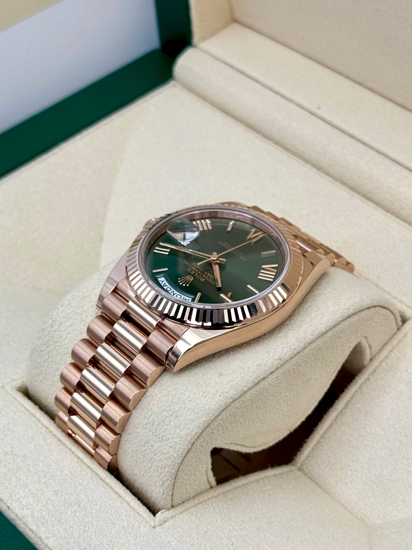 2024 Rolex Day-Date 40mm 228235 Presidential Rose Gold Olive Dial - MyWatchLLC