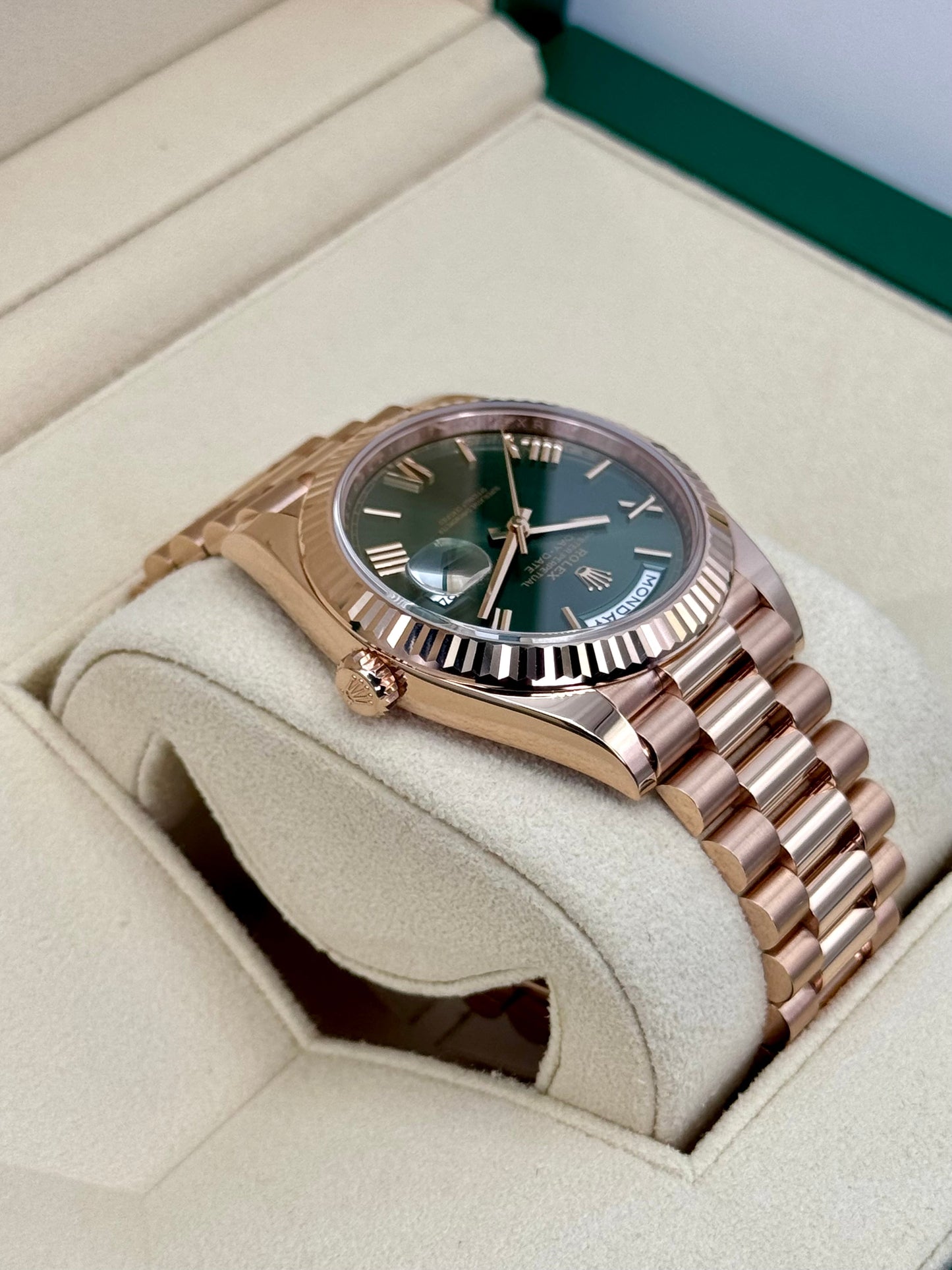 2024 Rolex Day-Date 40mm 228235 Presidential Rose Gold Olive Dial - MyWatchLLC