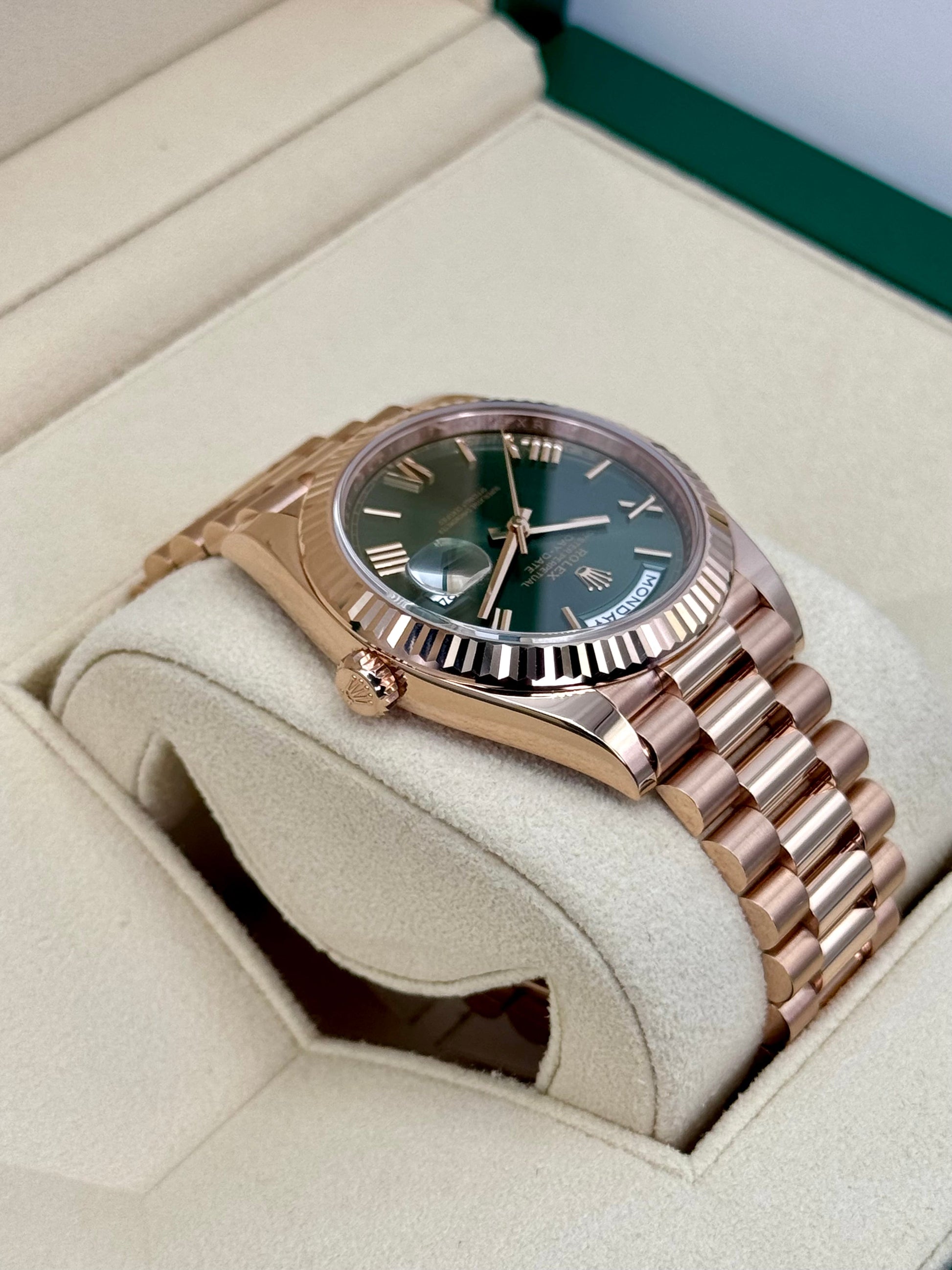 2024 Rolex Day-Date 40mm 228235 Presidential Rose Gold Olive Dial - MyWatchLLC