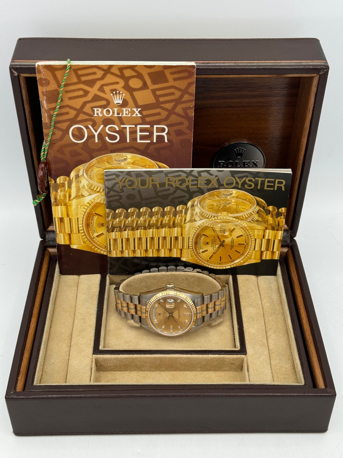 1985 Day-Date Rolex Tridor 36mm 18039B Jubilee Champagne Diamond Dial - MyWatchLLC