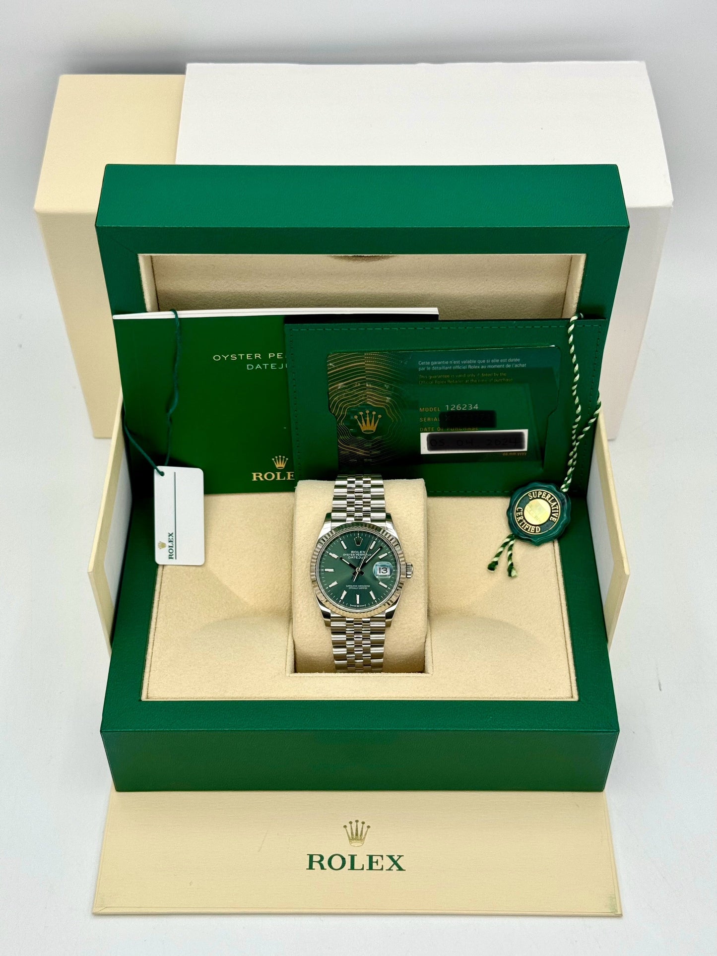 2024 Rolex Datejust 36mm 126234 Stainless Steel Jubilee Green Dial - MyWatchLLC