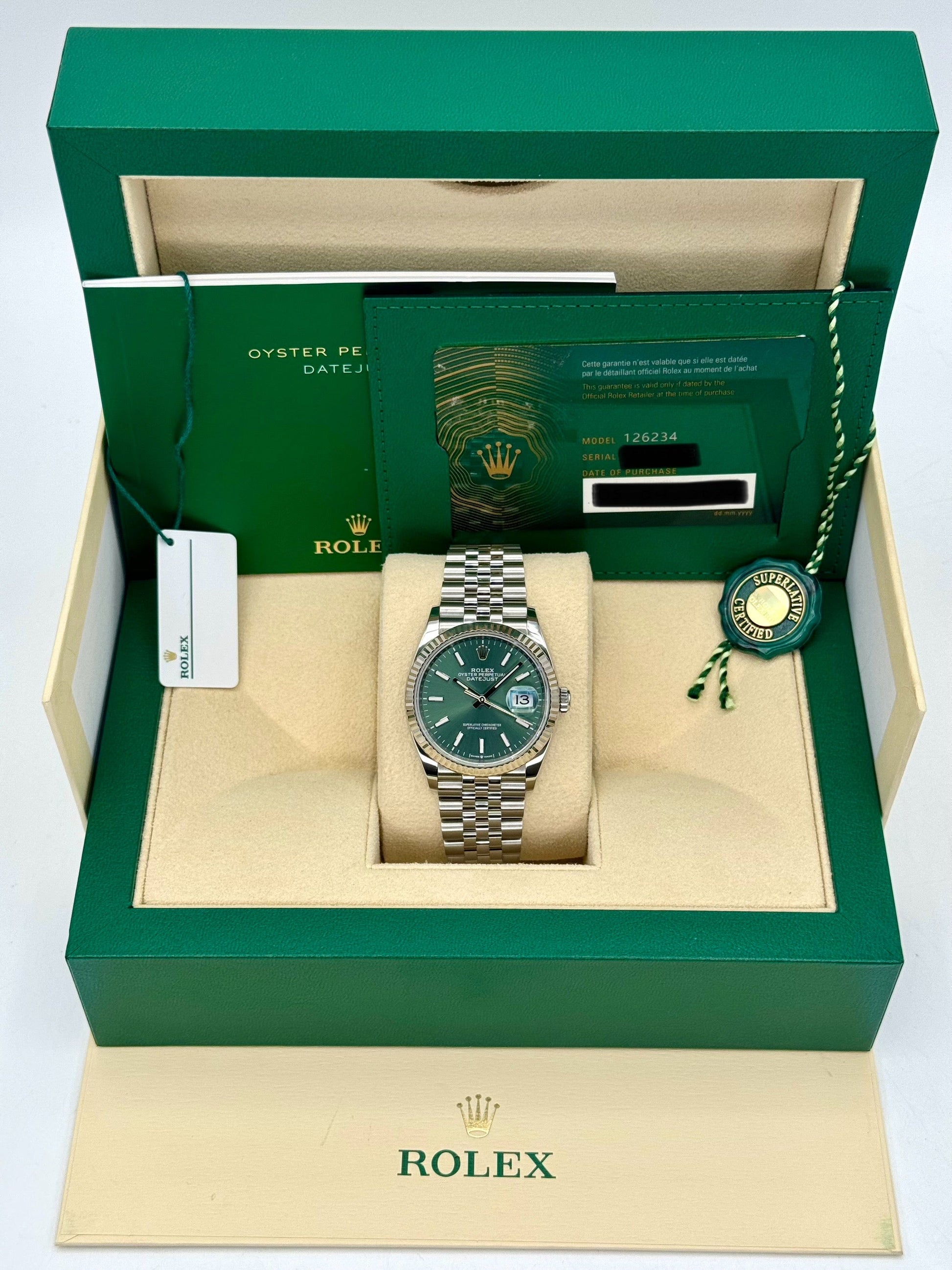 2024 Rolex Datejust 36mm 126234 Stainless Steel Jubilee Green Dial - MyWatchLLC