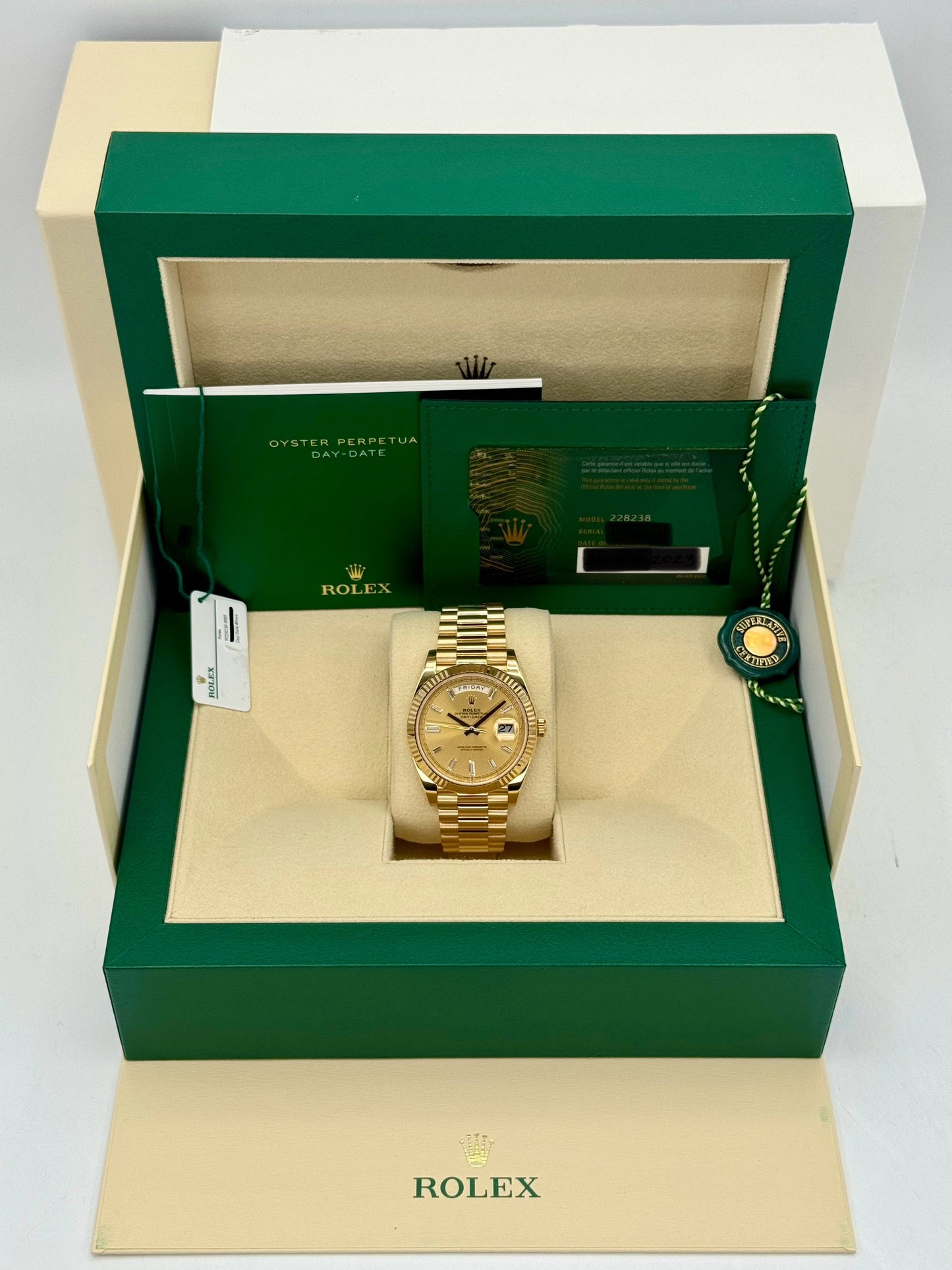 2023 Rolex Day-Date 40mm 228238 Champagne Diamond Baguette Dial - MyWatchLLC