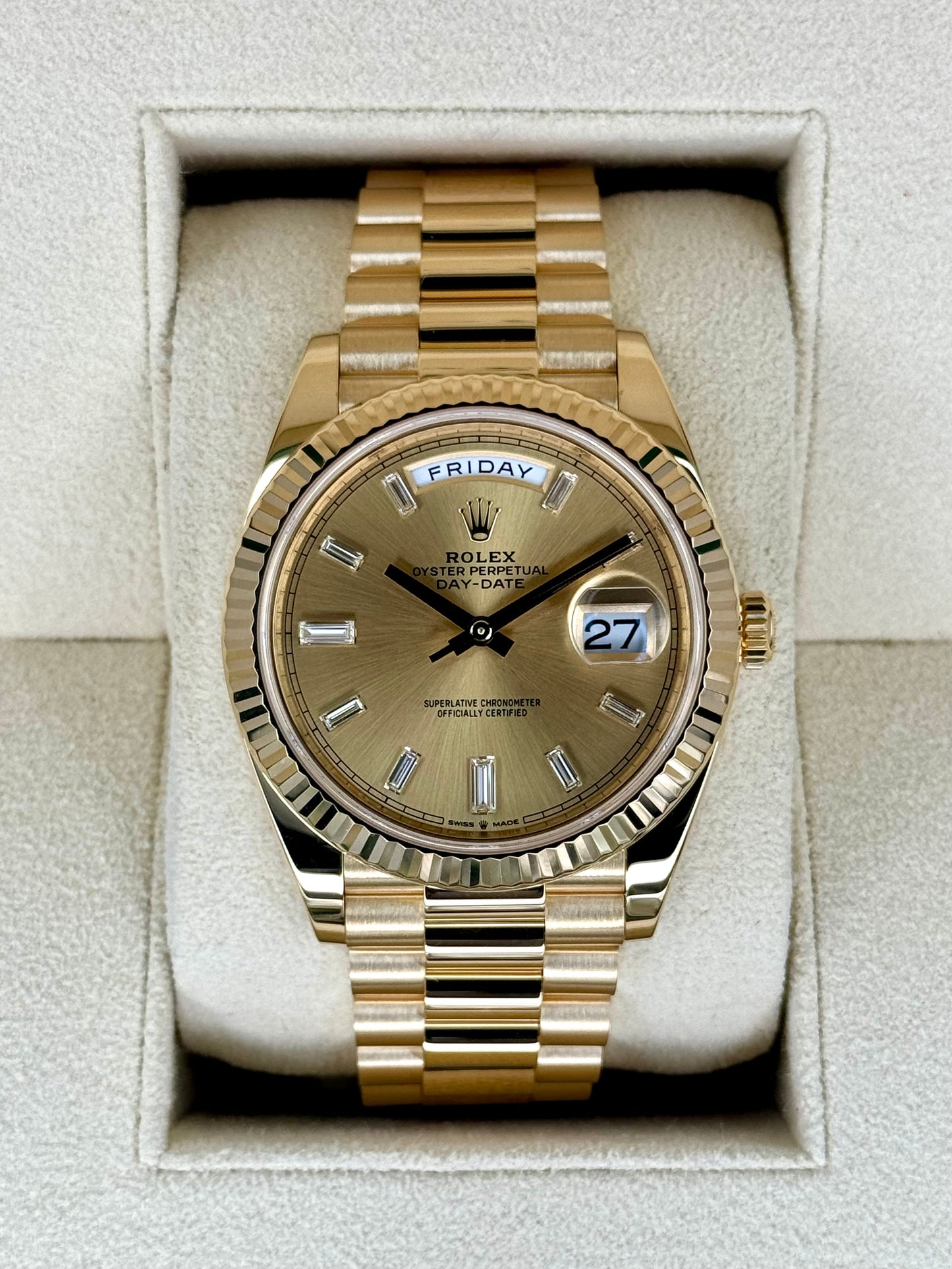 2023 Rolex Day-Date 40mm 228238 Champagne Diamond Baguette Dial - MyWatchLLC