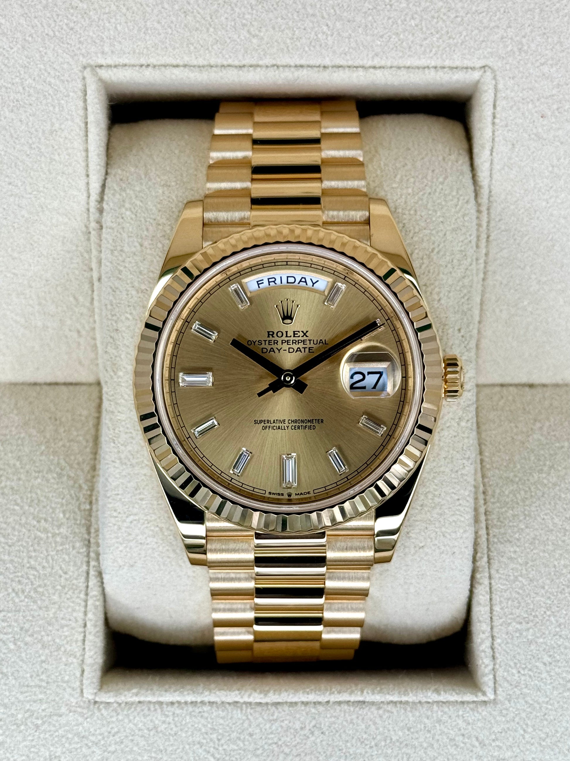 2023 Rolex Day-Date 40mm 228238 Champagne Diamond Baguette Dial - MyWatchLLC