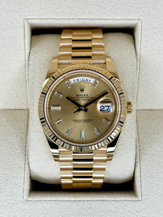 2023 Rolex Day-Date 40mm 228238 Champagne Diamond Baguette Dial - MyWatchLLC