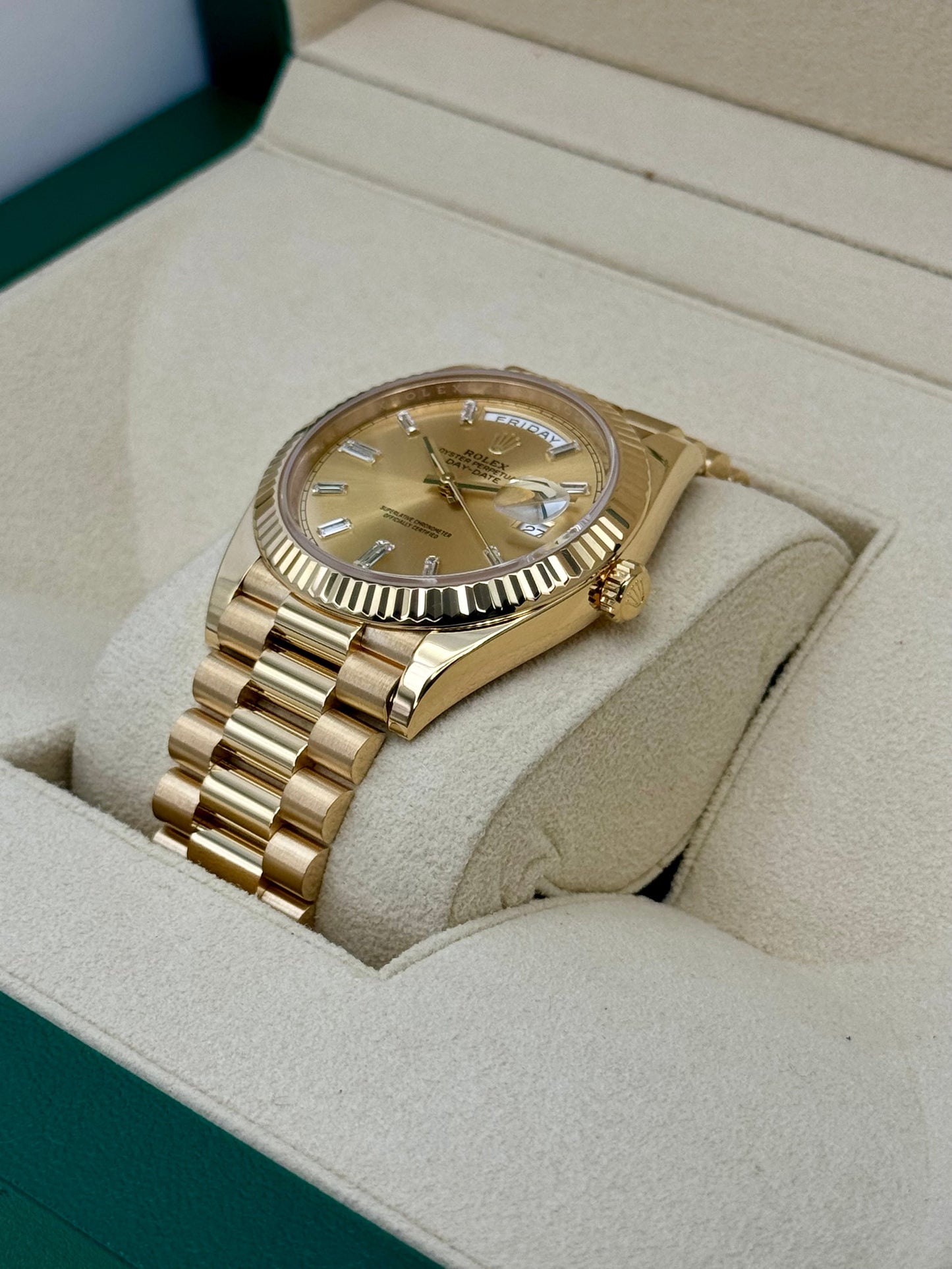 2023 Rolex Day-Date 40mm 228238 Champagne Diamond Baguette Dial - MyWatchLLC