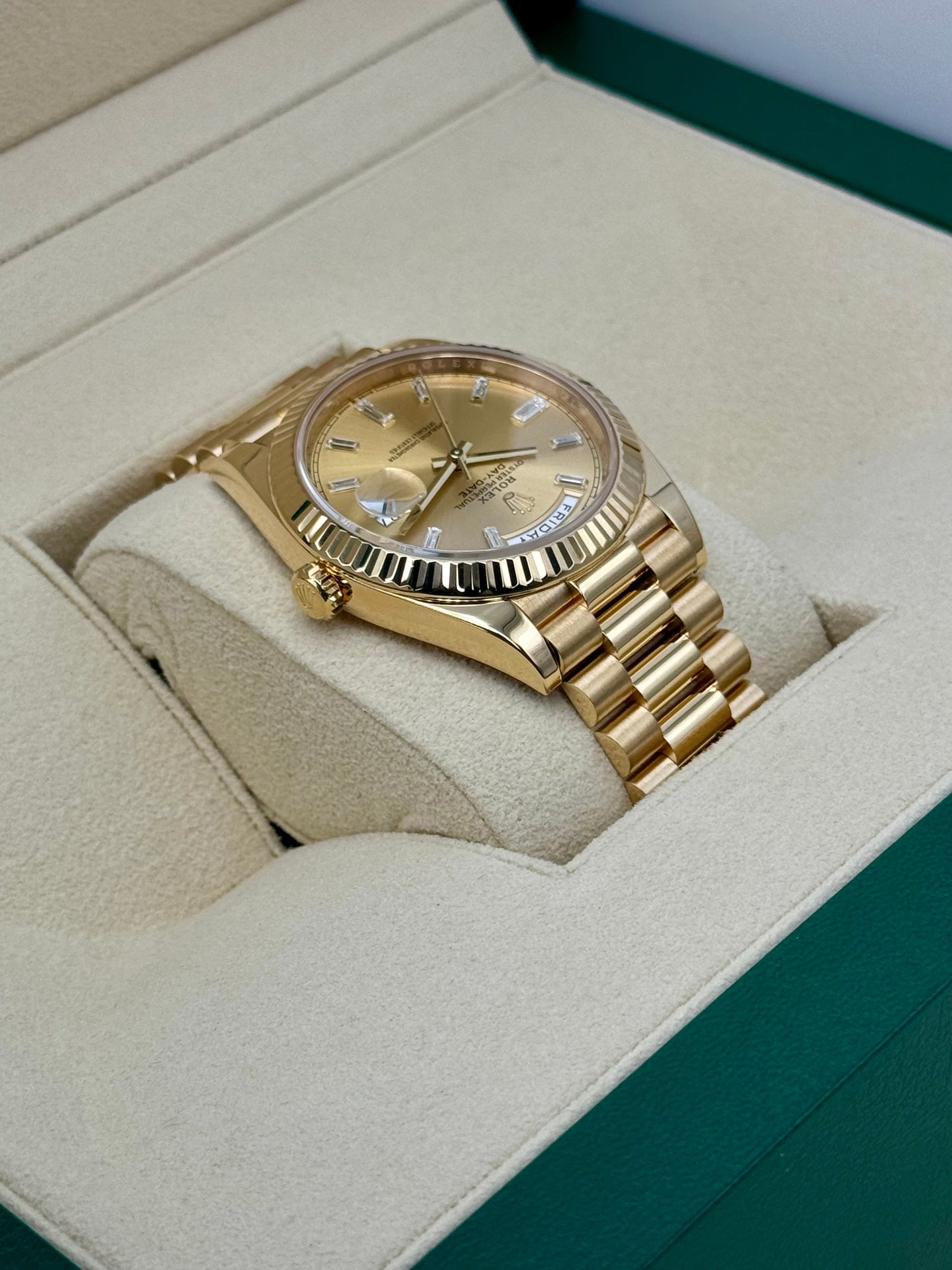 2023 Rolex Day-Date 40mm 228238 Champagne Diamond Baguette Dial - MyWatchLLC