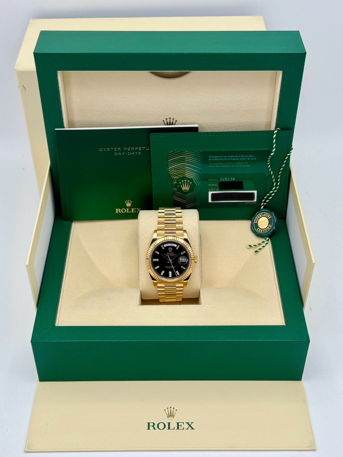 2023 Rolex Day-Date 40mm 228238 Black Diamond Baguette Dial - MyWatchLLC