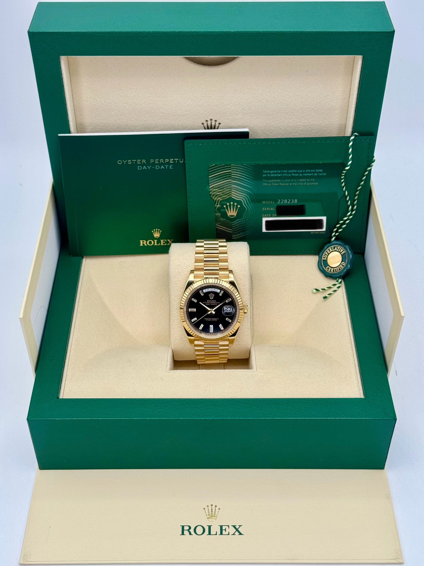 2023 Rolex Day-Date 40mm 228238 Black Diamond Baguette Dial - MyWatchLLC