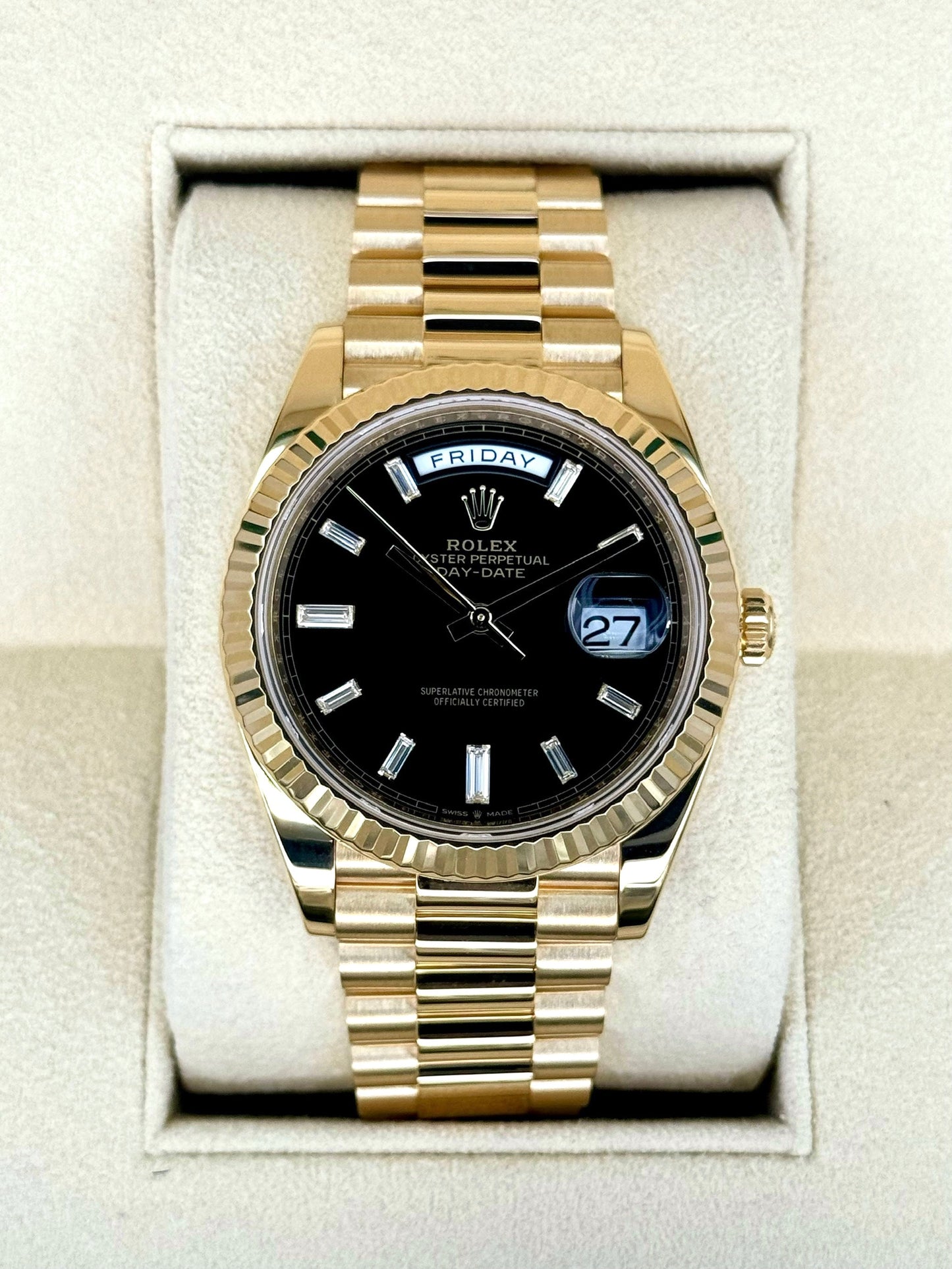2023 Rolex Day-Date 40mm 228238 Black Diamond Baguette Dial - MyWatchLLC