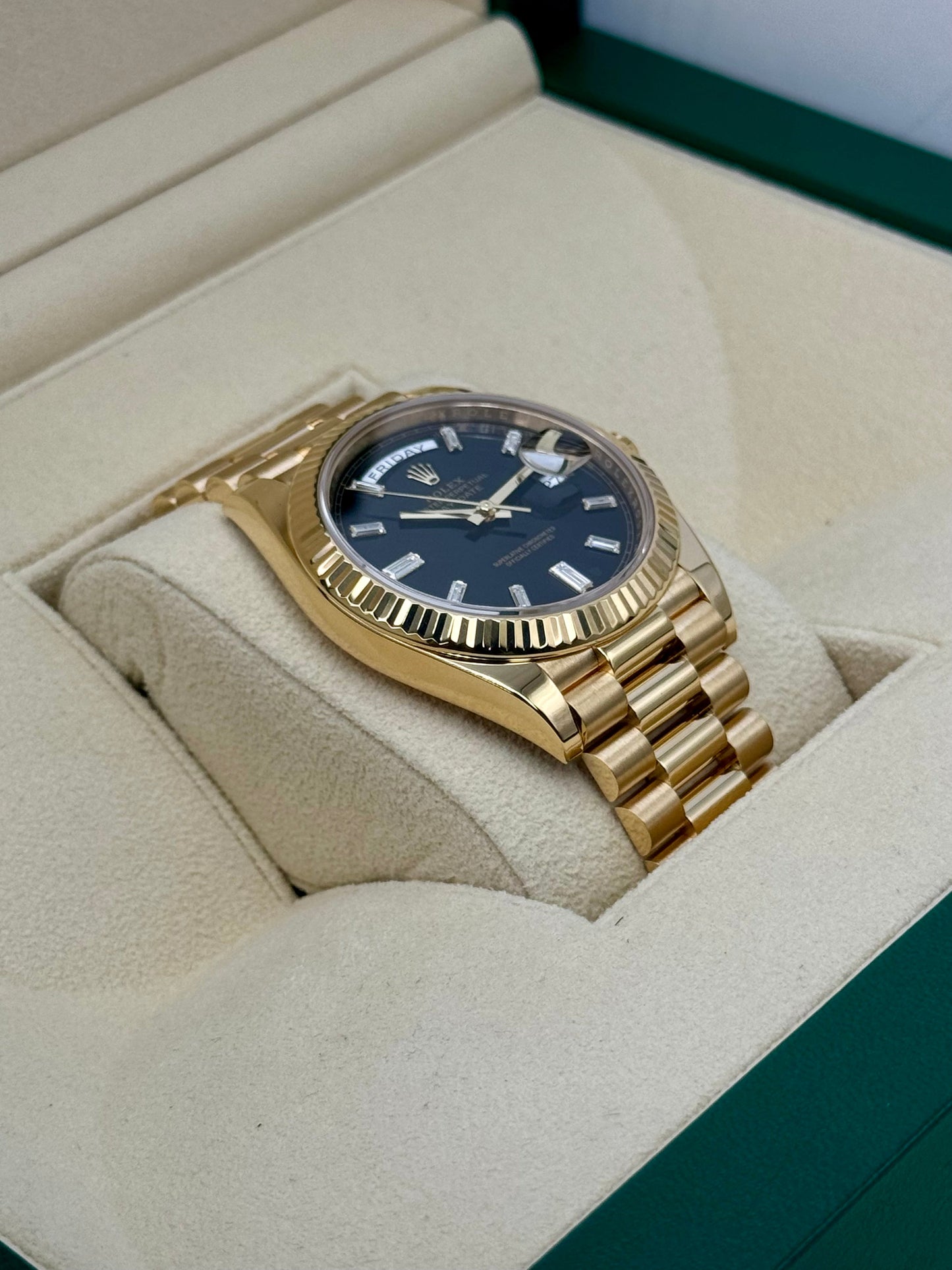 2023 Rolex Day-Date 40mm 228238 Black Diamond Baguette Dial - MyWatchLLC