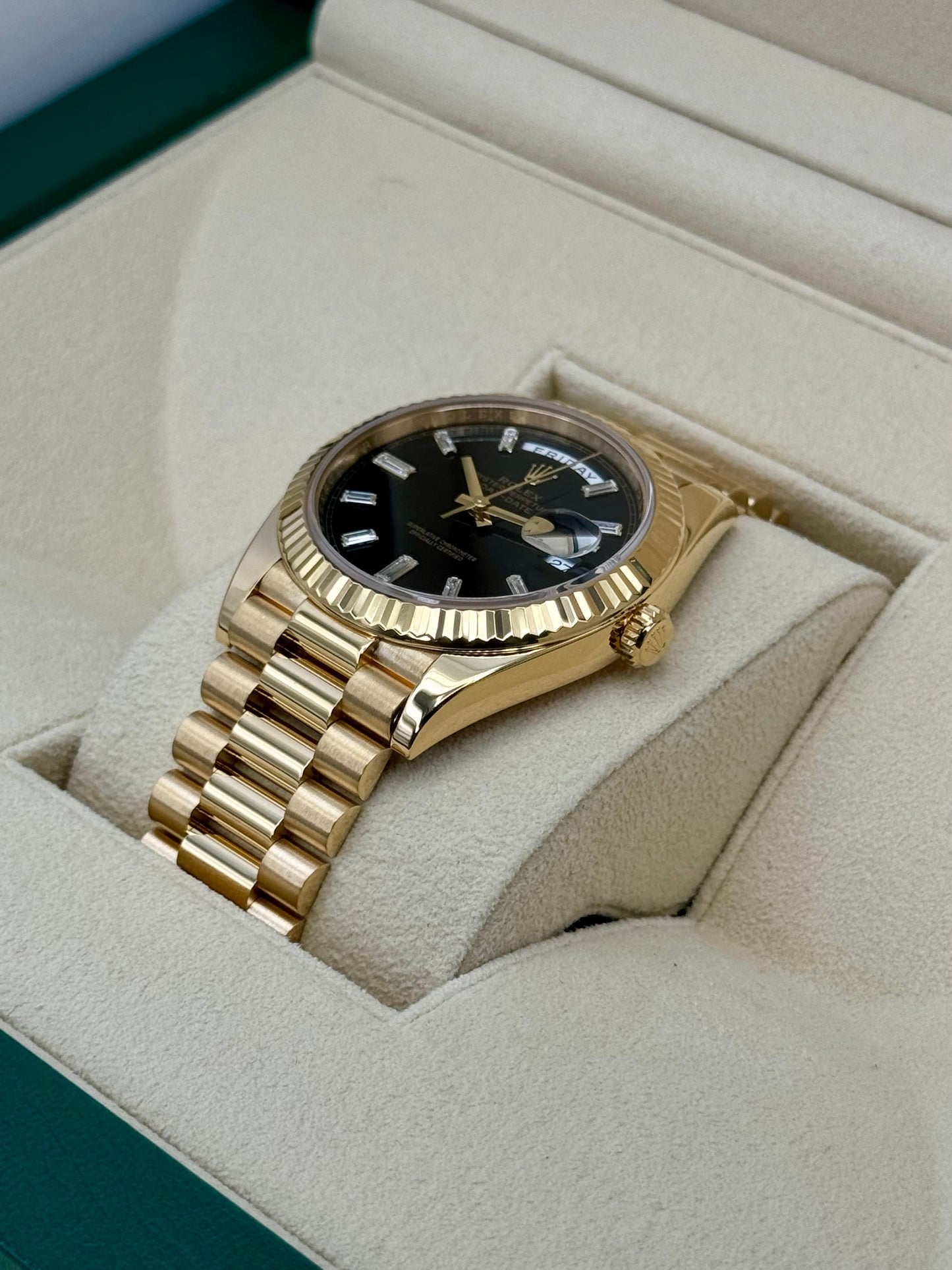 2023 Rolex Day-Date 40mm 228238 Black Diamond Baguette Dial - MyWatchLLC