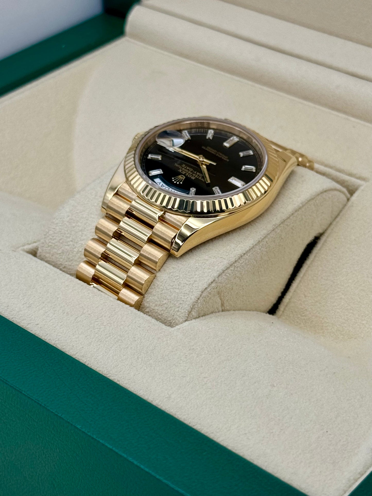 2023 Rolex Day-Date 40mm 228238 Black Diamond Baguette Dial - MyWatchLLC