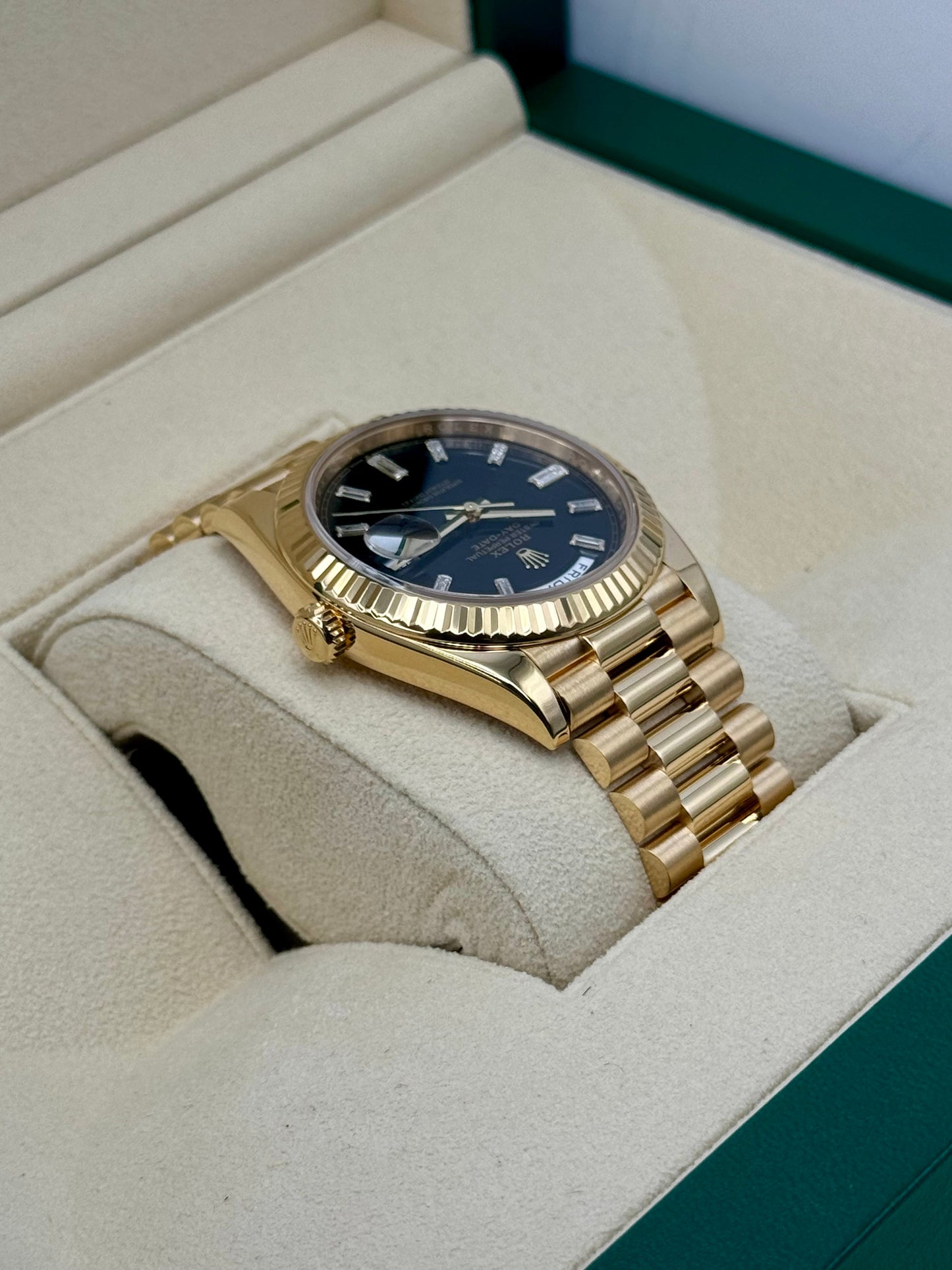 2023 Rolex Day-Date 40mm 228238 Black Diamond Baguette Dial - MyWatchLLC