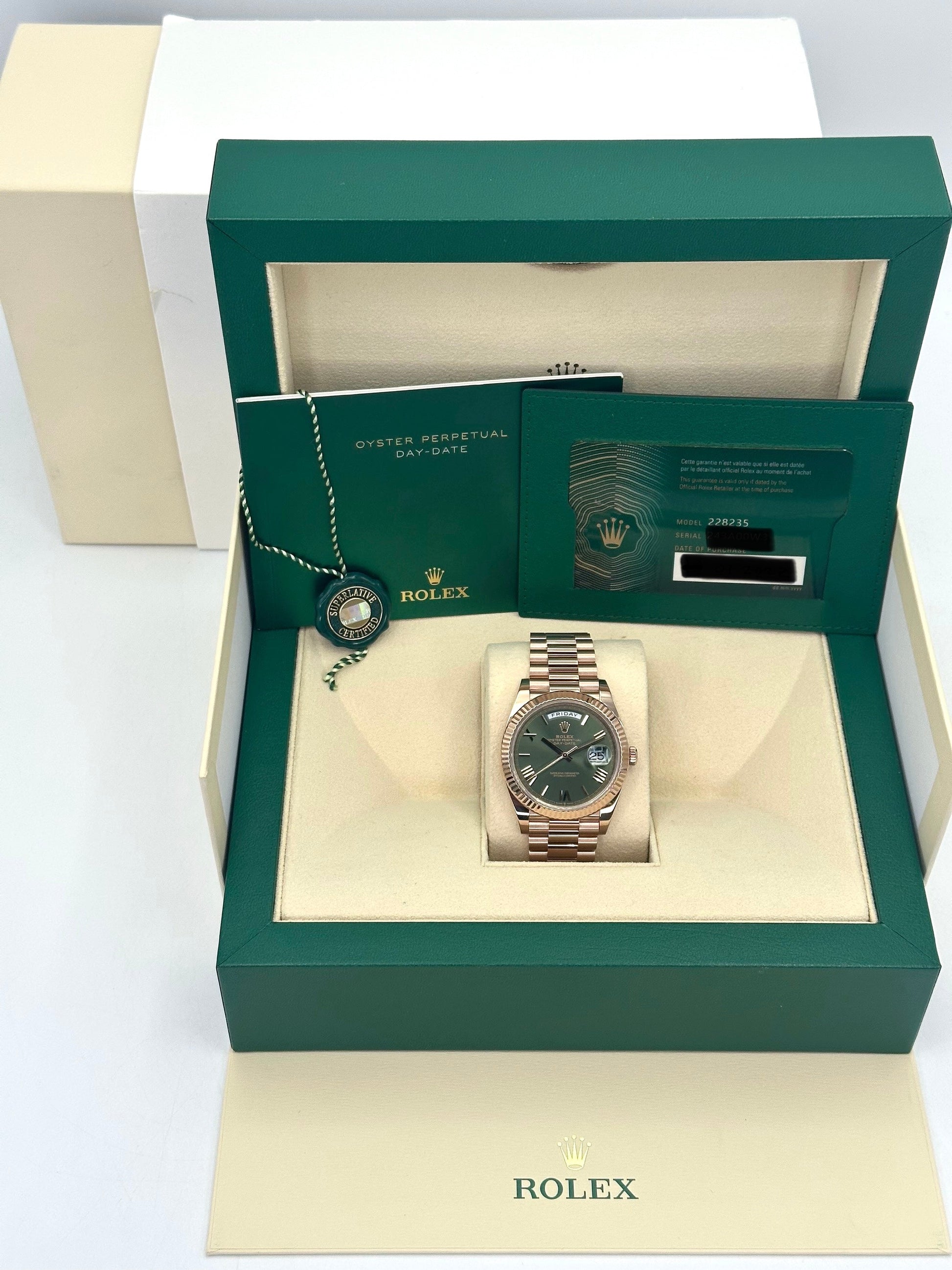 2022 Rolex Day-Date 40mm 228235 Presidential Rose Gold Olive Dial - MyWatchLLC