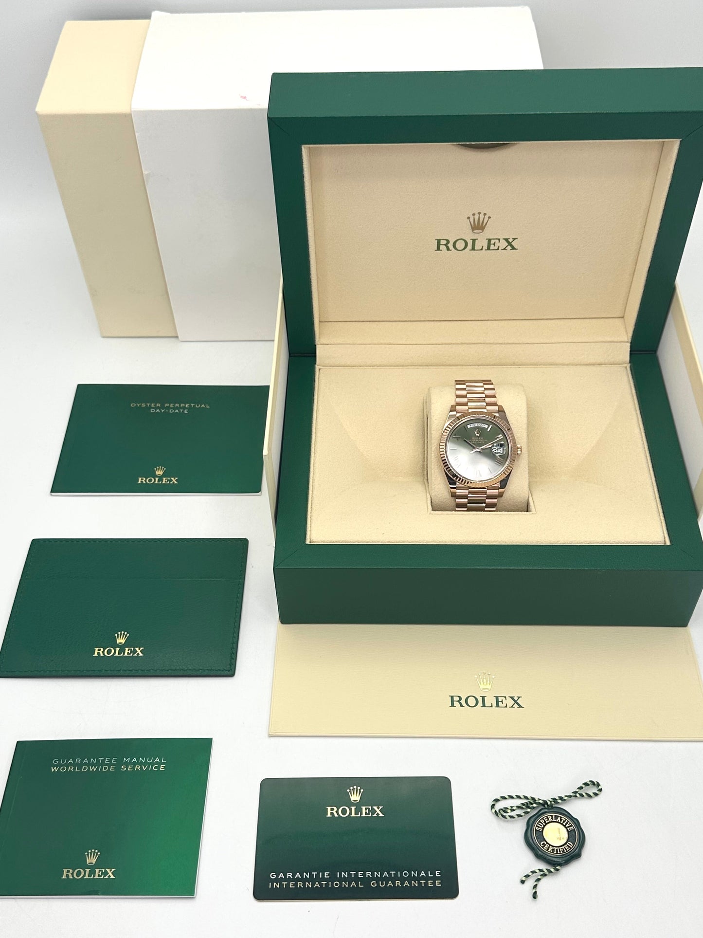 2022 Rolex Day-Date 40mm 228235 Presidential Rose Gold Olive Dial - MyWatchLLC