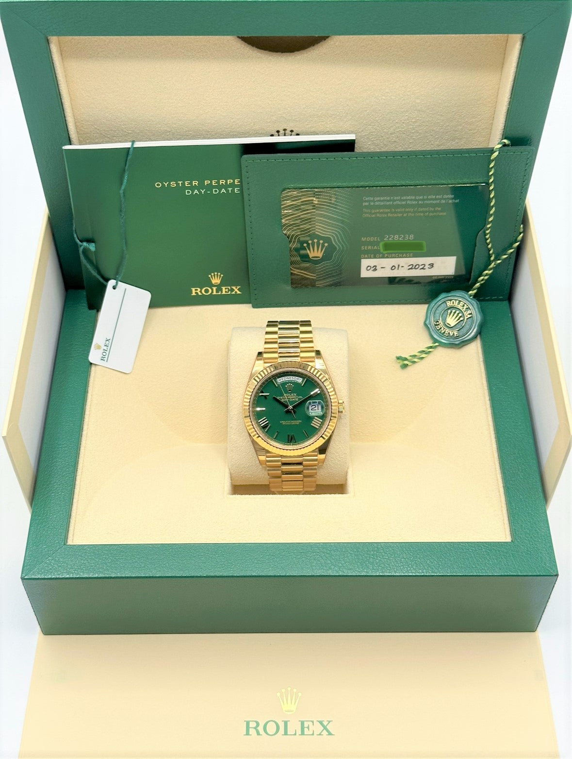 2023 Rolex Day-Date 40mm 228238 Presidential Yellow Gold Green Dial - MyWatchLLC