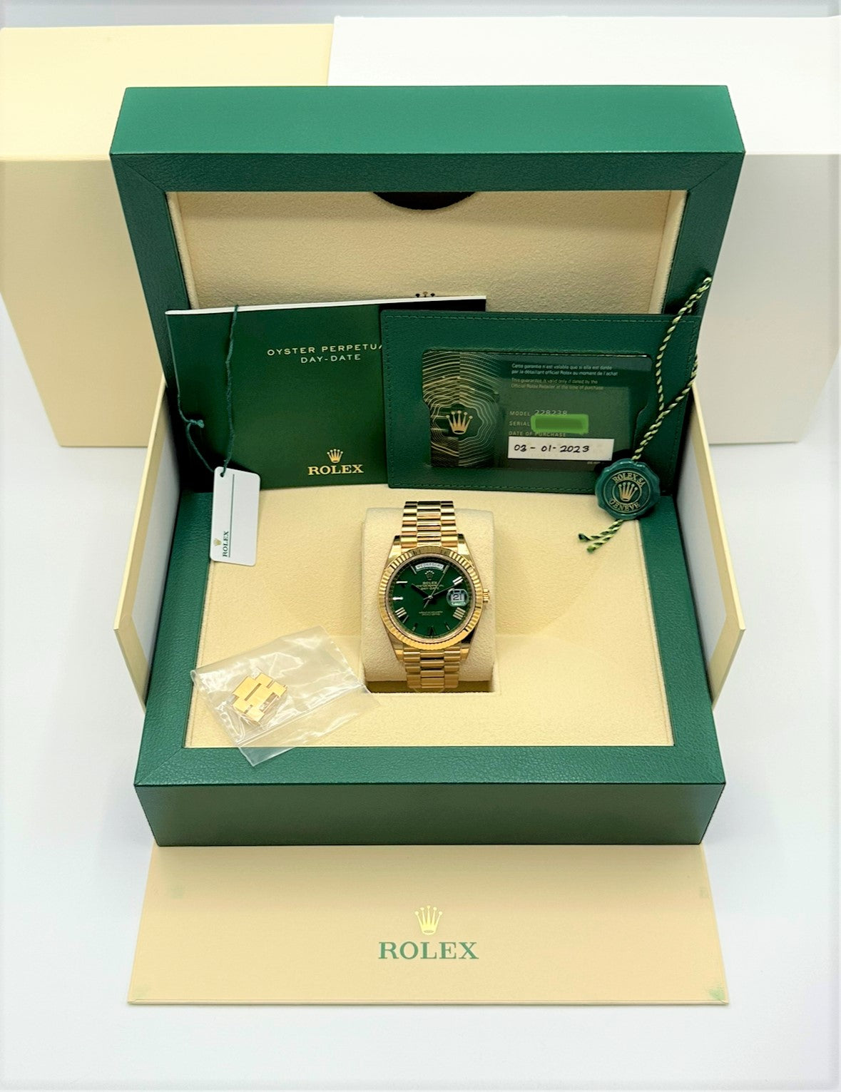 2023 Rolex Day-Date 40mm 228238 Presidential Yellow Gold Green Dial - MyWatchLLC