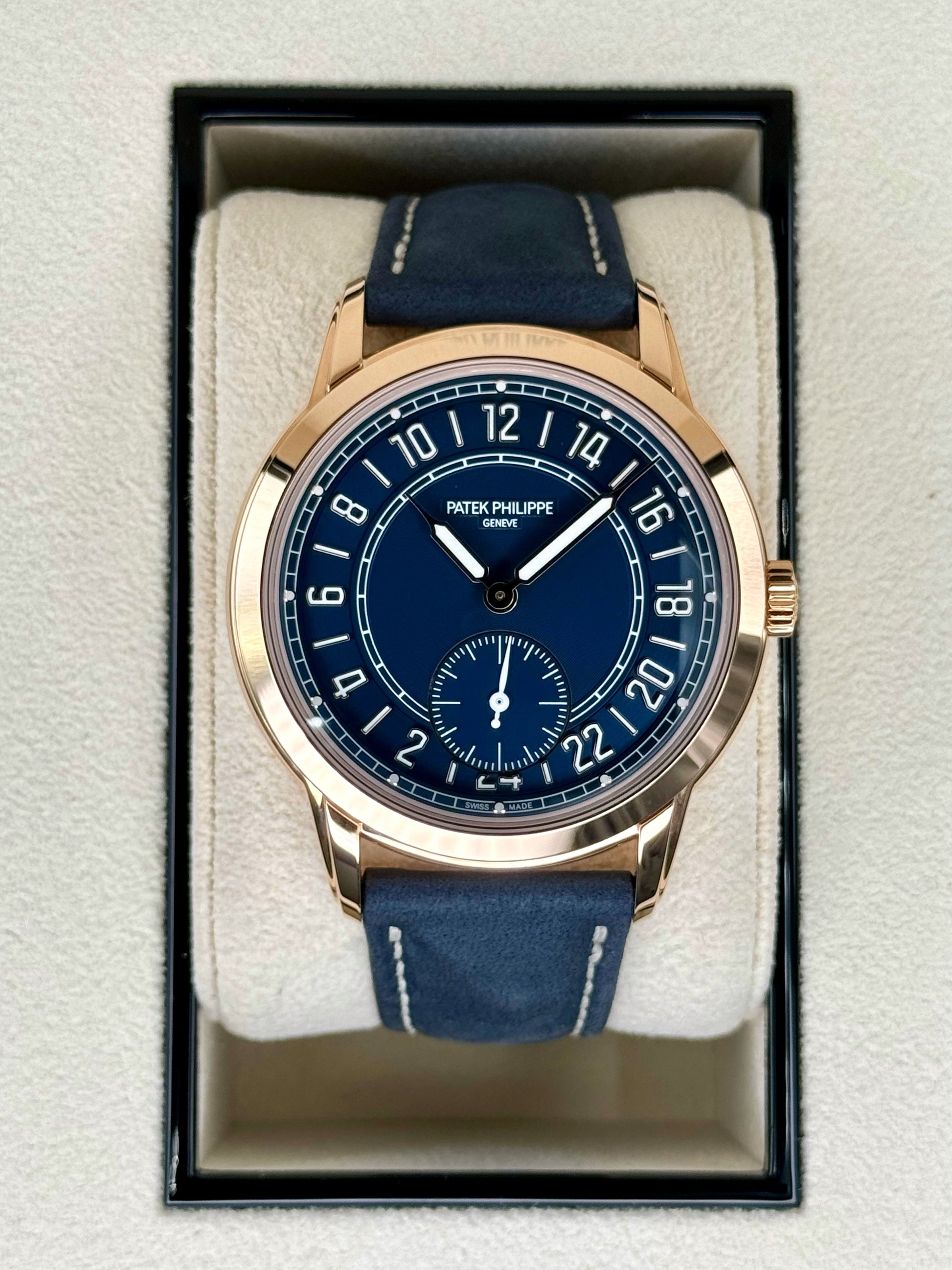 NEW 2024 Patek Philippe 5224R Calatrava Travel Time Rose Gold Blue Dial - MyWatchLLC