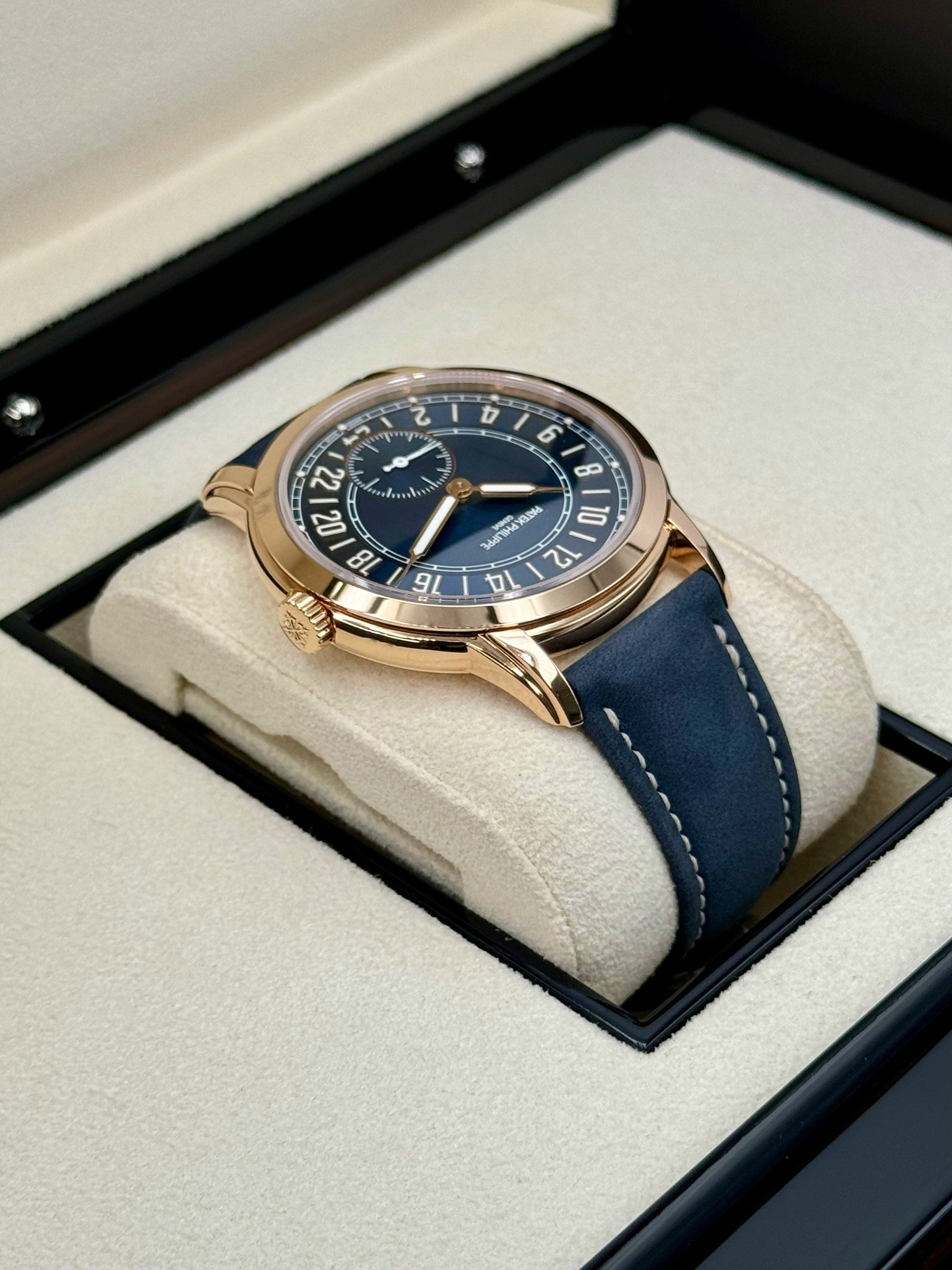 NEW 2024 Patek Philippe 5224R Calatrava Travel Time Rose Gold Blue Dial - MyWatchLLC