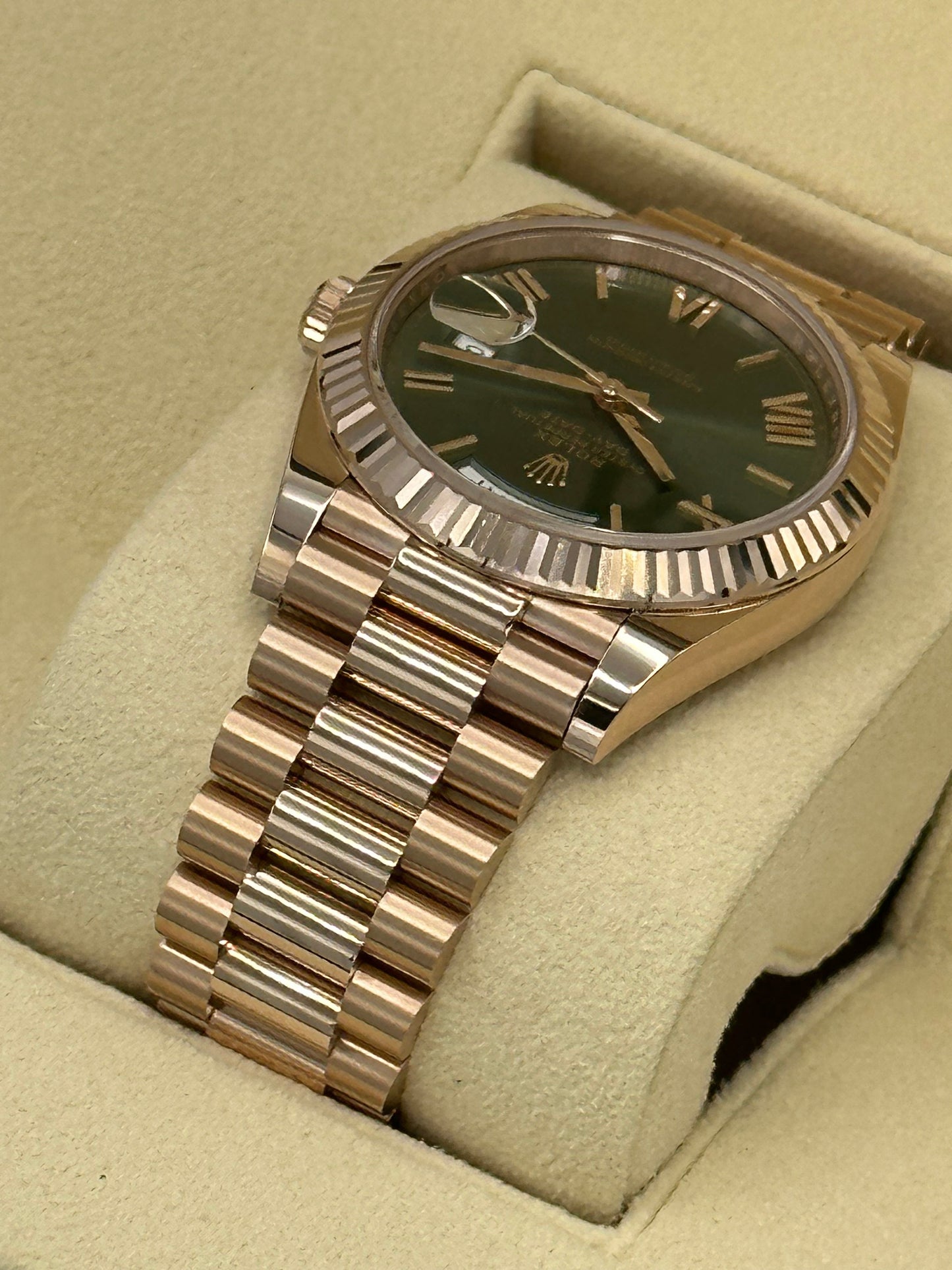 2023 Rolex Day-Date Presidential Rose Gold Olive Roman Numeral Dial - MyWatchLLC