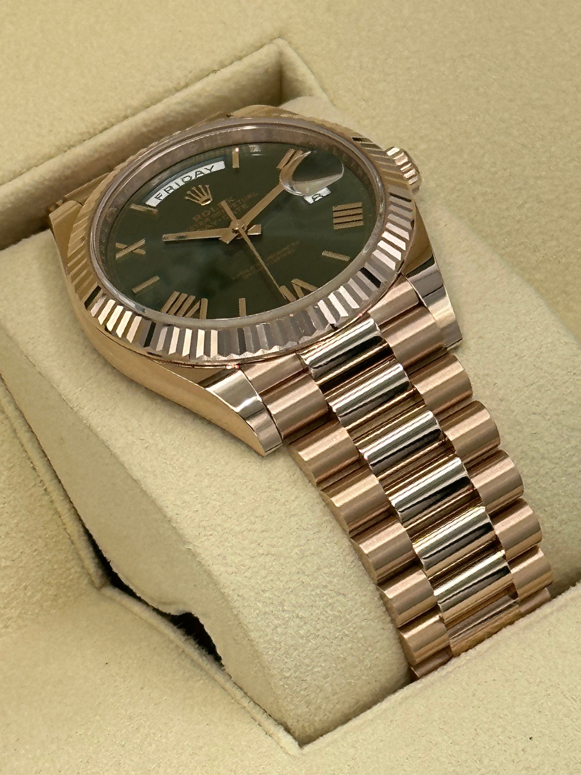 2023 Rolex Day-Date Presidential Rose Gold Olive Roman Numeral Dial - MyWatchLLC