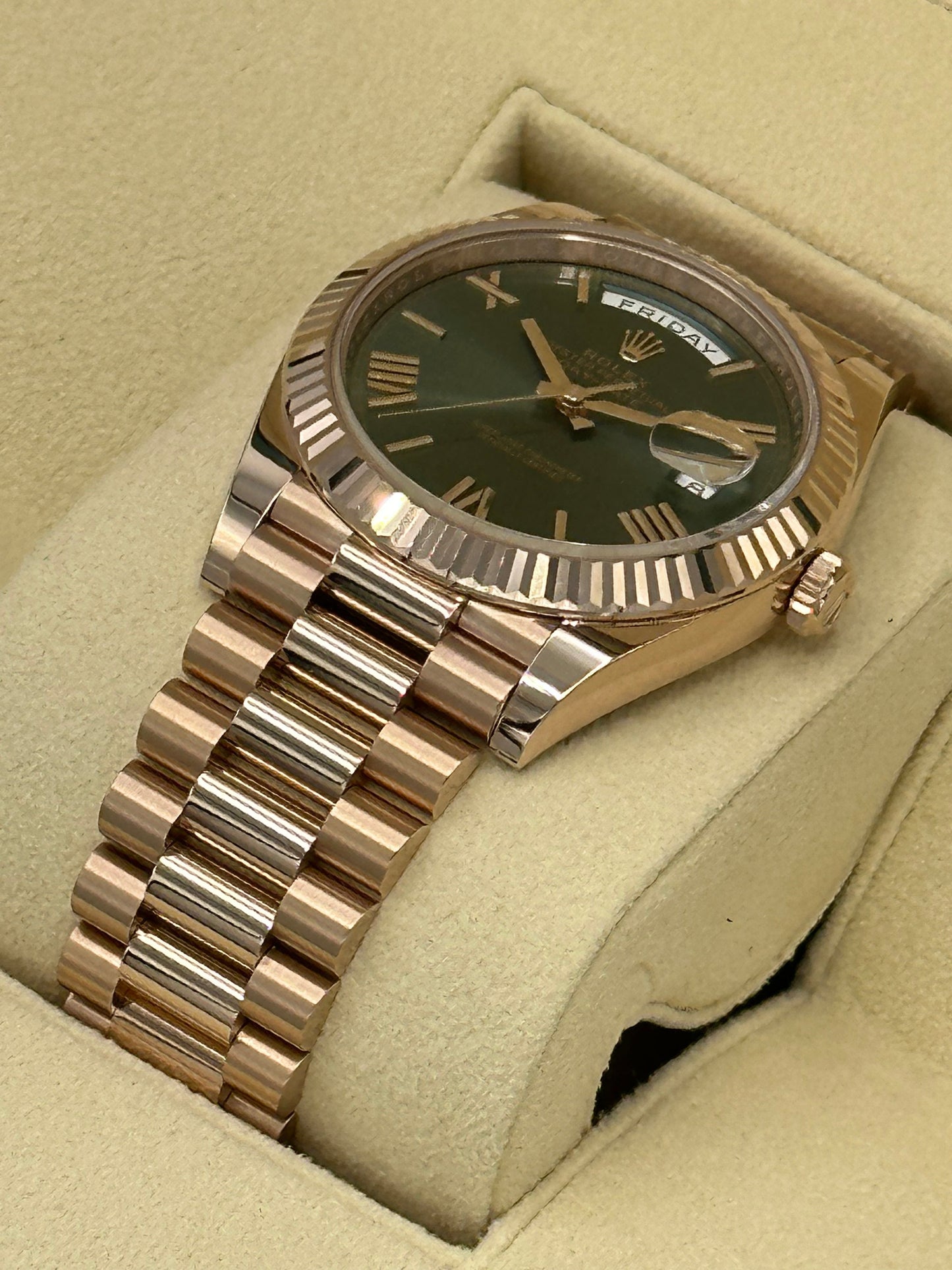 2023 Rolex Day-Date Presidential Rose Gold Olive Roman Numeral Dial - MyWatchLLC