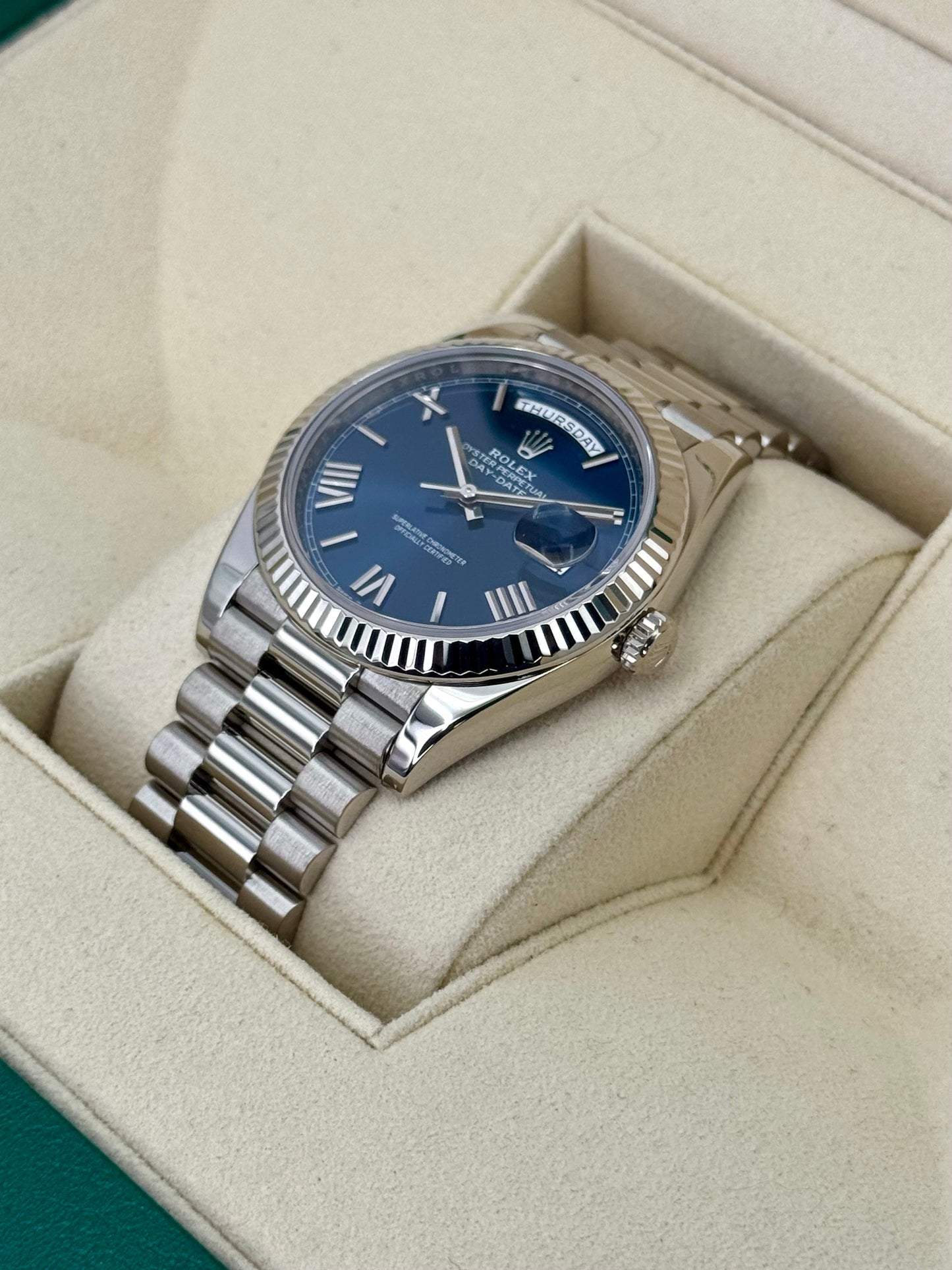 2021 Rolex Day-Date 40mm 228239 White Gold Blue Dial - MyWatchLLC