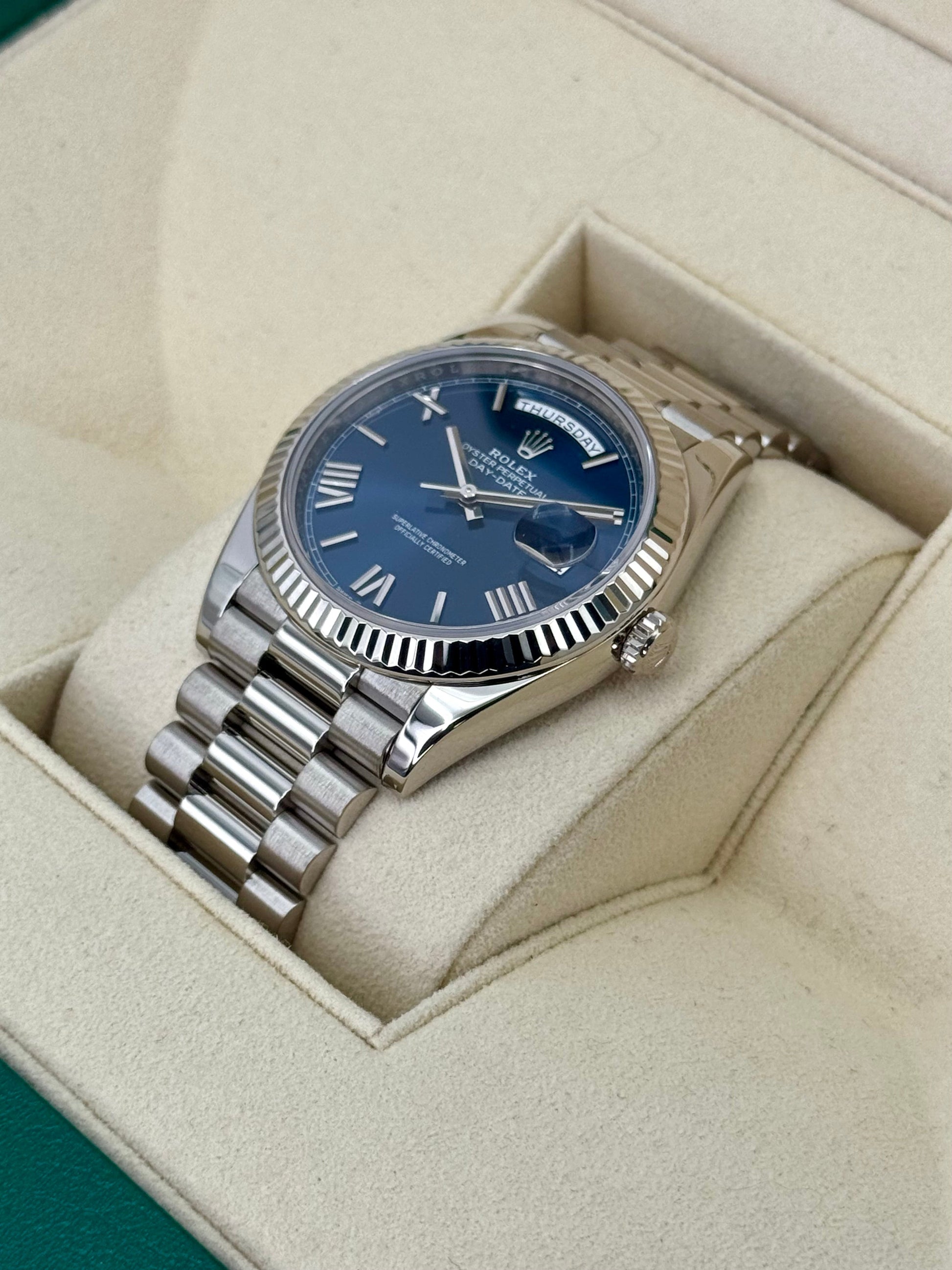 2021 Rolex Day-Date 40mm 228239 White Gold Blue Dial - MyWatchLLC