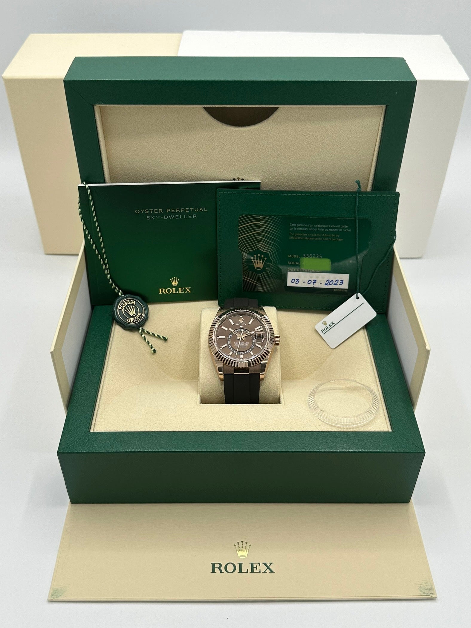 NEW 2023 Rolex Sky-Dweller 336235 Rose Gold Oysterflex Chocolate Dial - MyWatchLLC