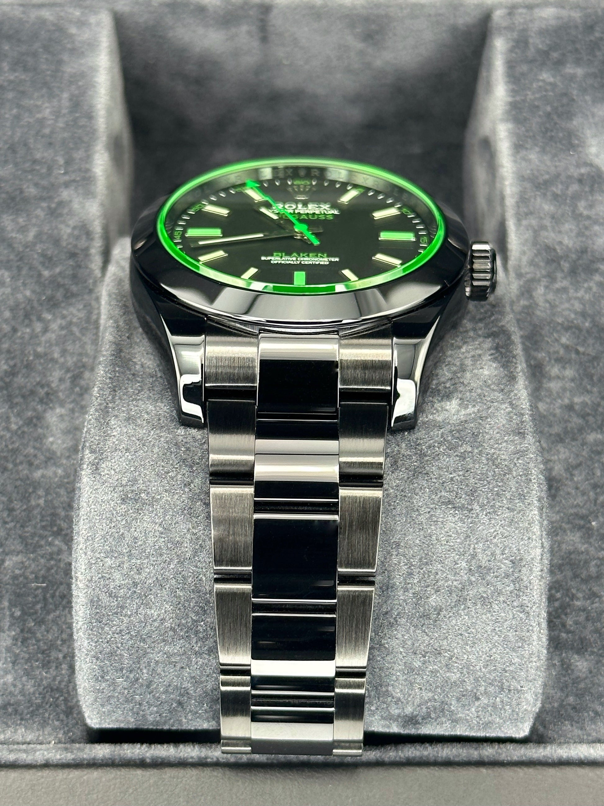 NEW 2023 Rolex Milgauss "Blaken" 40mm 116400GV DLC Black Green Viper - MyWatchLLC