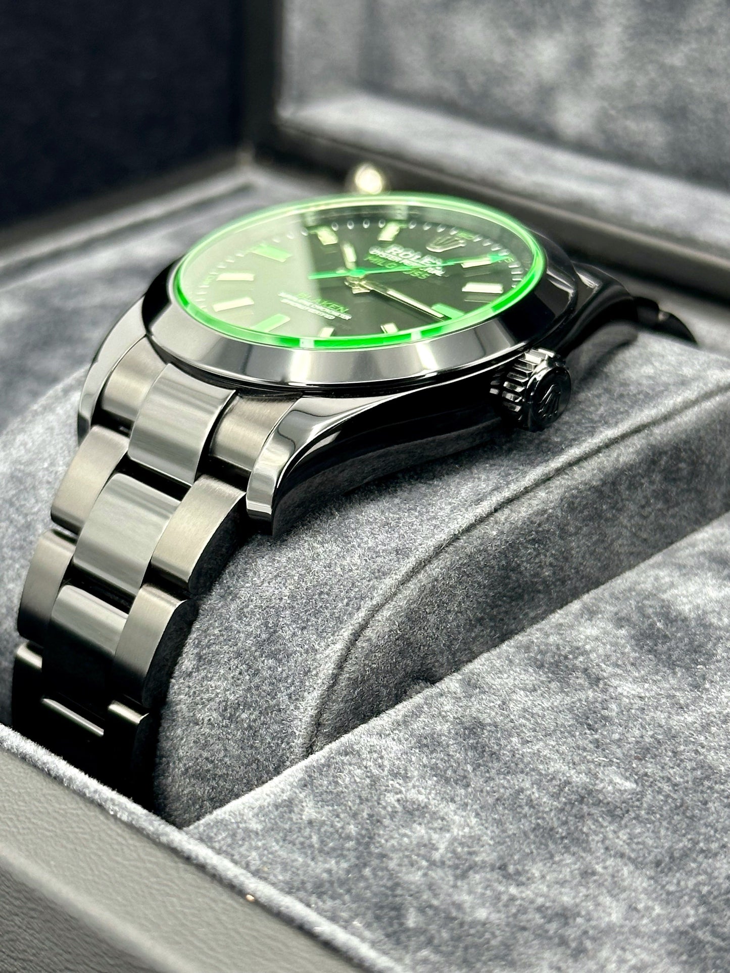 NEW 2023 Rolex Milgauss "Blaken" 40mm 116400GV DLC Black Green Viper - MyWatchLLC