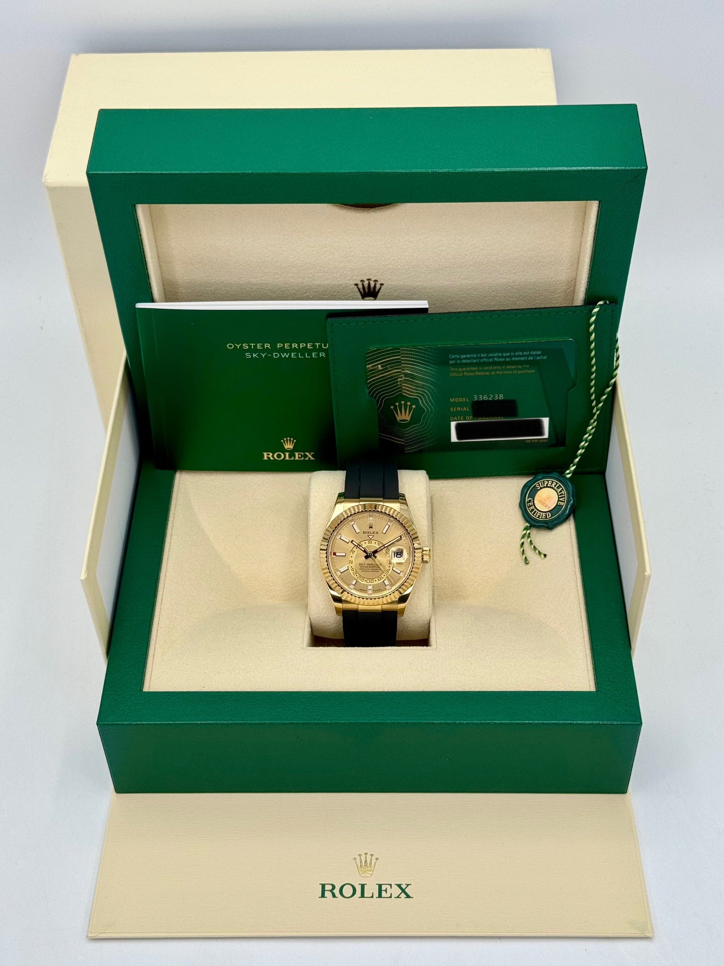 2024 Rolex Sky-Dweller 42mm 336238 Yellow Gold Oysterflex Champagne Dial - MyWatchLLC