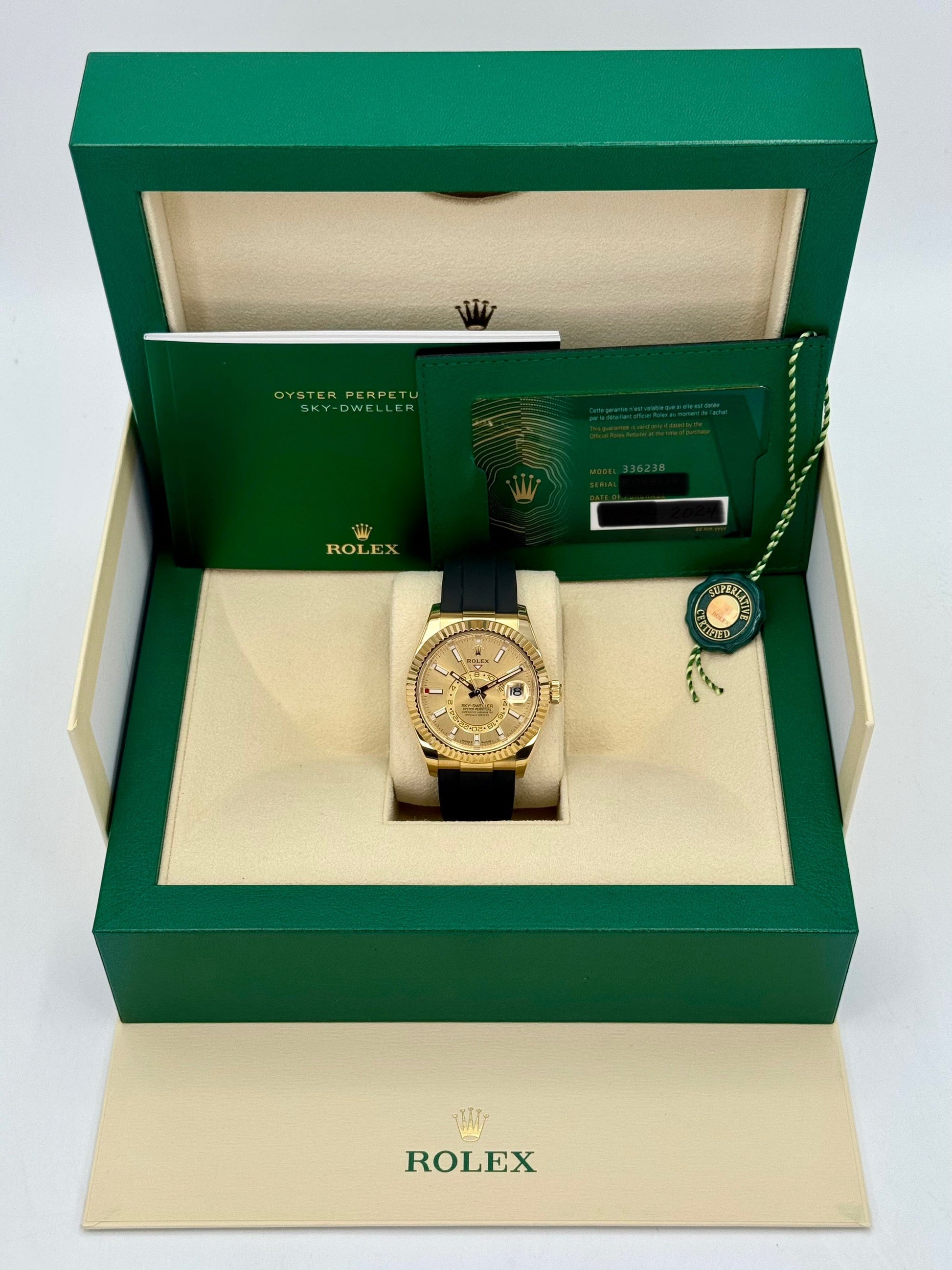 2024 Rolex Sky-Dweller 42mm 336238 Yellow Gold Oysterflex Champagne Dial - MyWatchLLC