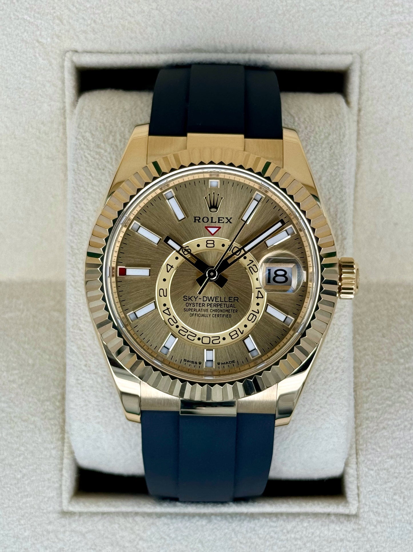 2024 Rolex Sky-Dweller 42mm 336238 Yellow Gold Oysterflex Champagne Dial - MyWatchLLC
