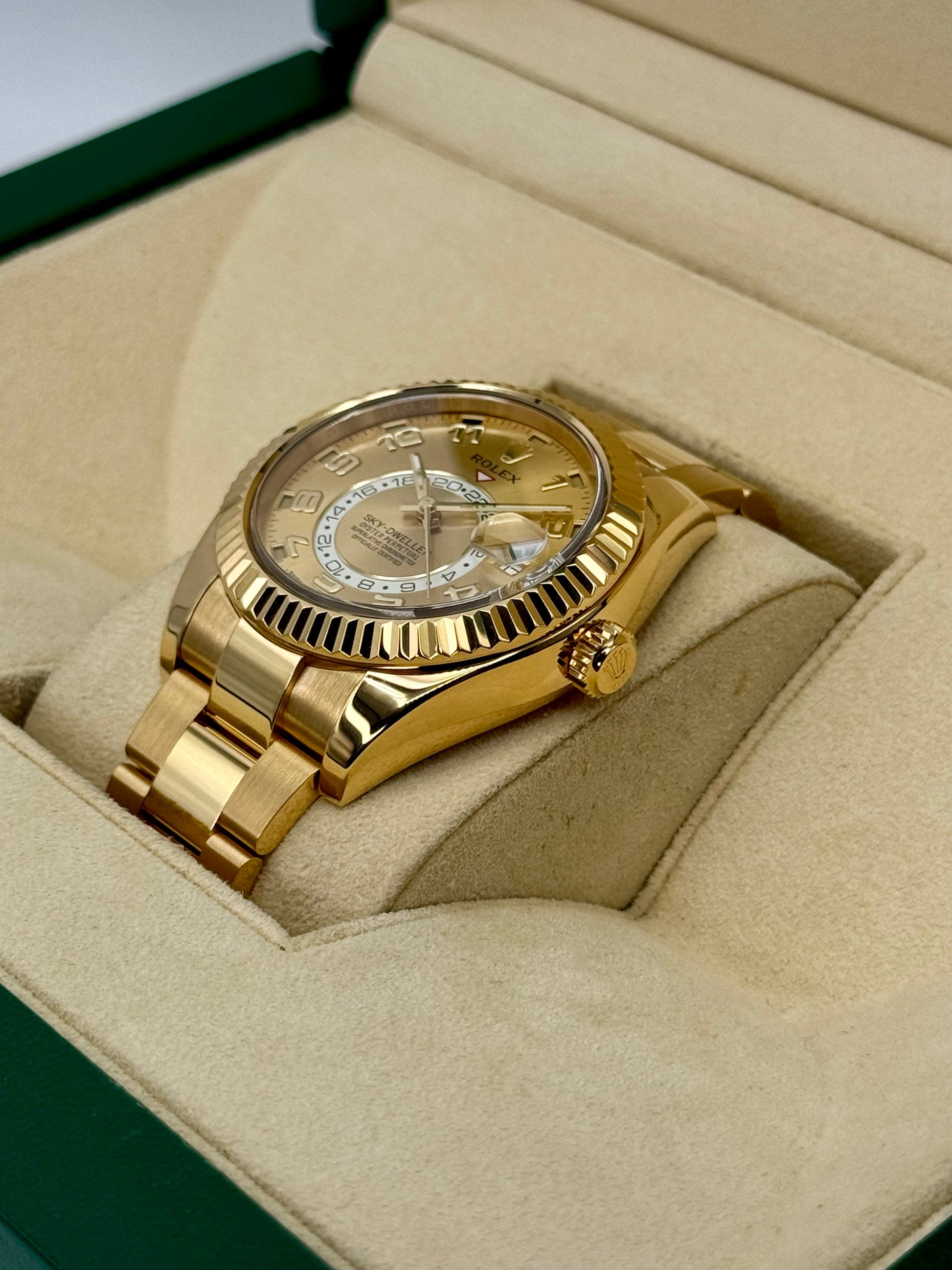2019 Rolex Sky-Dweller 42mm 326938 Yellow Gold Oyster Champagne Dial - MyWatchLLC