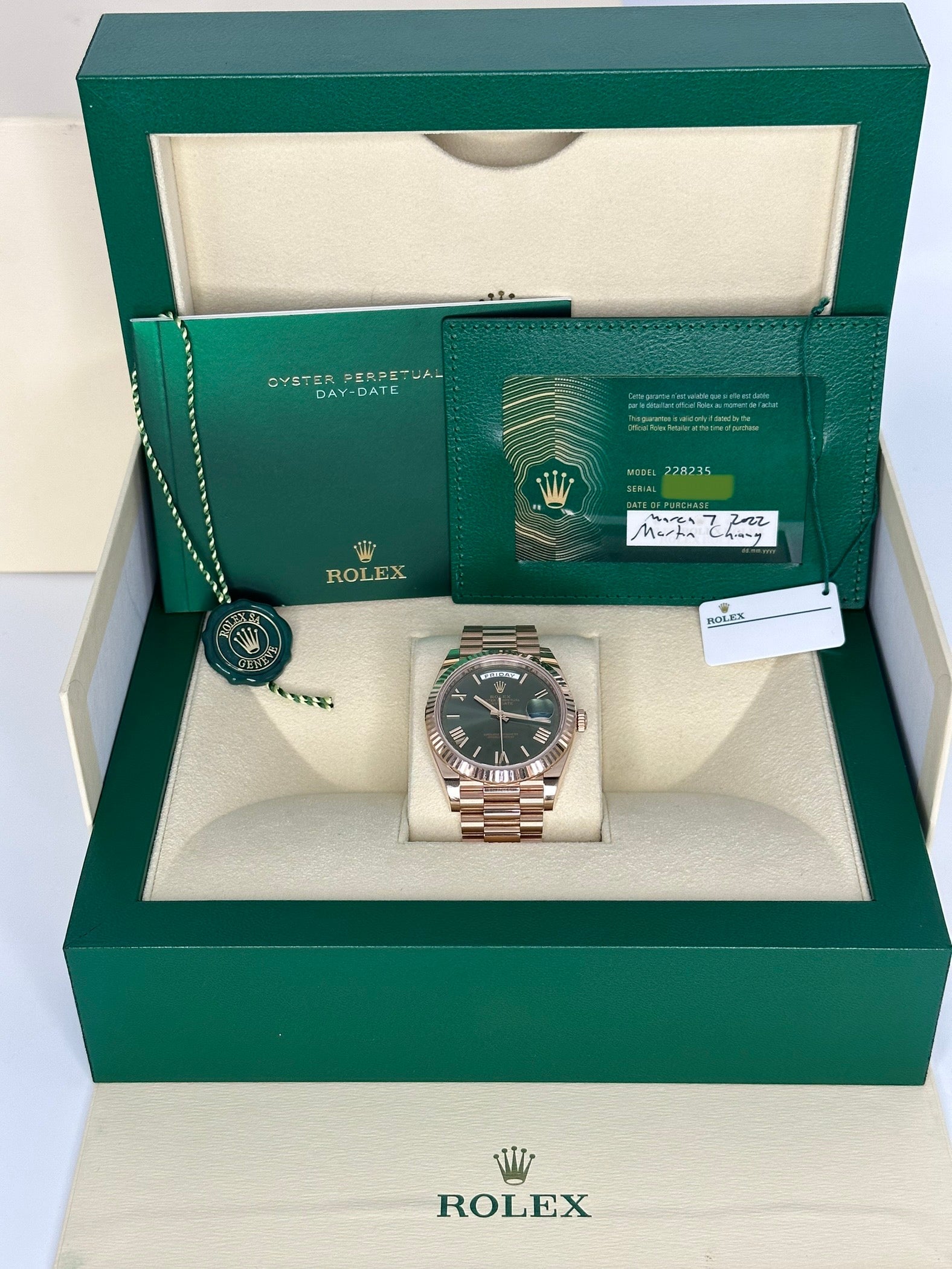 NEW 2022 Rolex Day-Date Presidential 40mm 228235 Rose Gold Olive Dial - MyWatchLLC