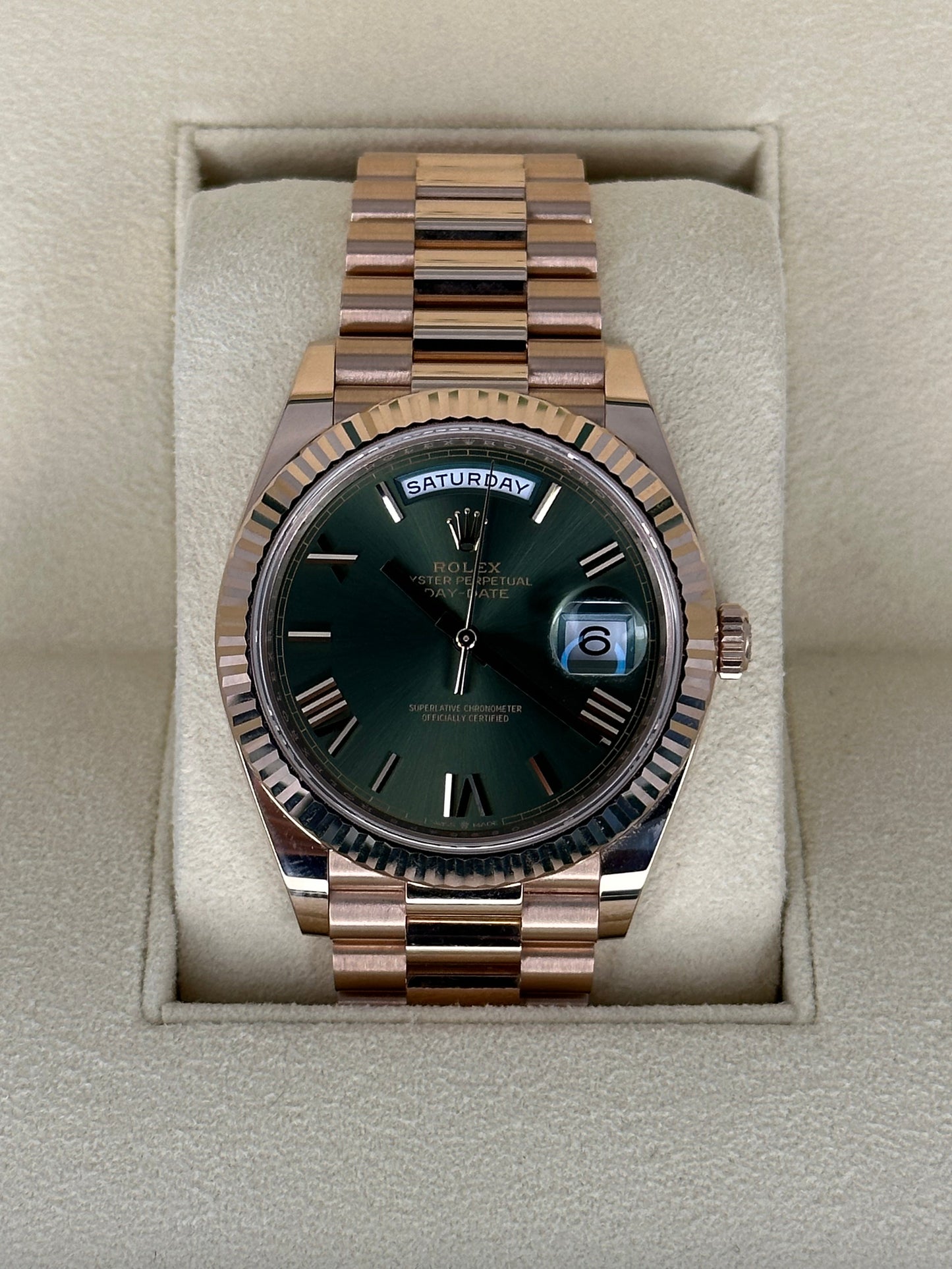NEW 2022 Rolex Day-Date Presidential 40mm 228235 Rose Gold Olive Dial - MyWatchLLC