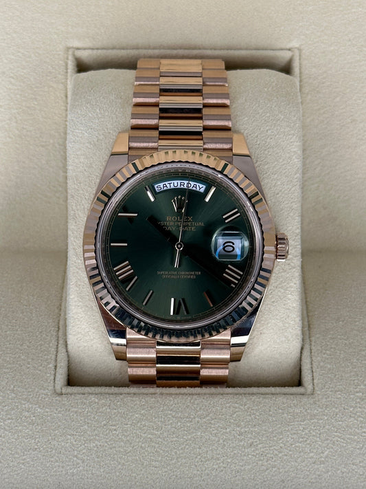NEW 2022 Rolex Day-Date Presidential 40mm 228235 Rose Gold Olive Dial - MyWatchLLC