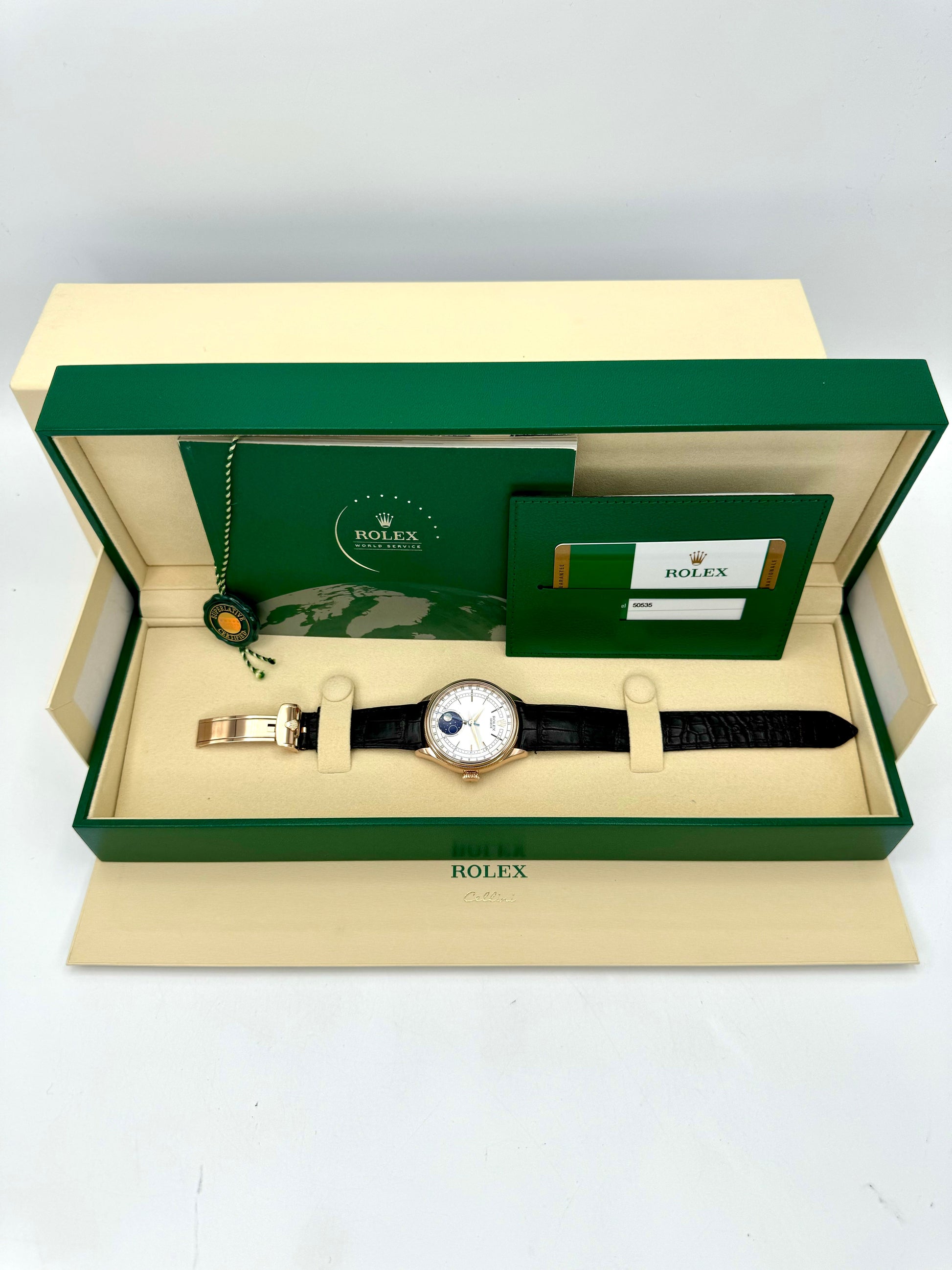 2018 Rolex Cellini Moonphase 39mm 50535 Rose Gold White Dial - MyWatchLLC