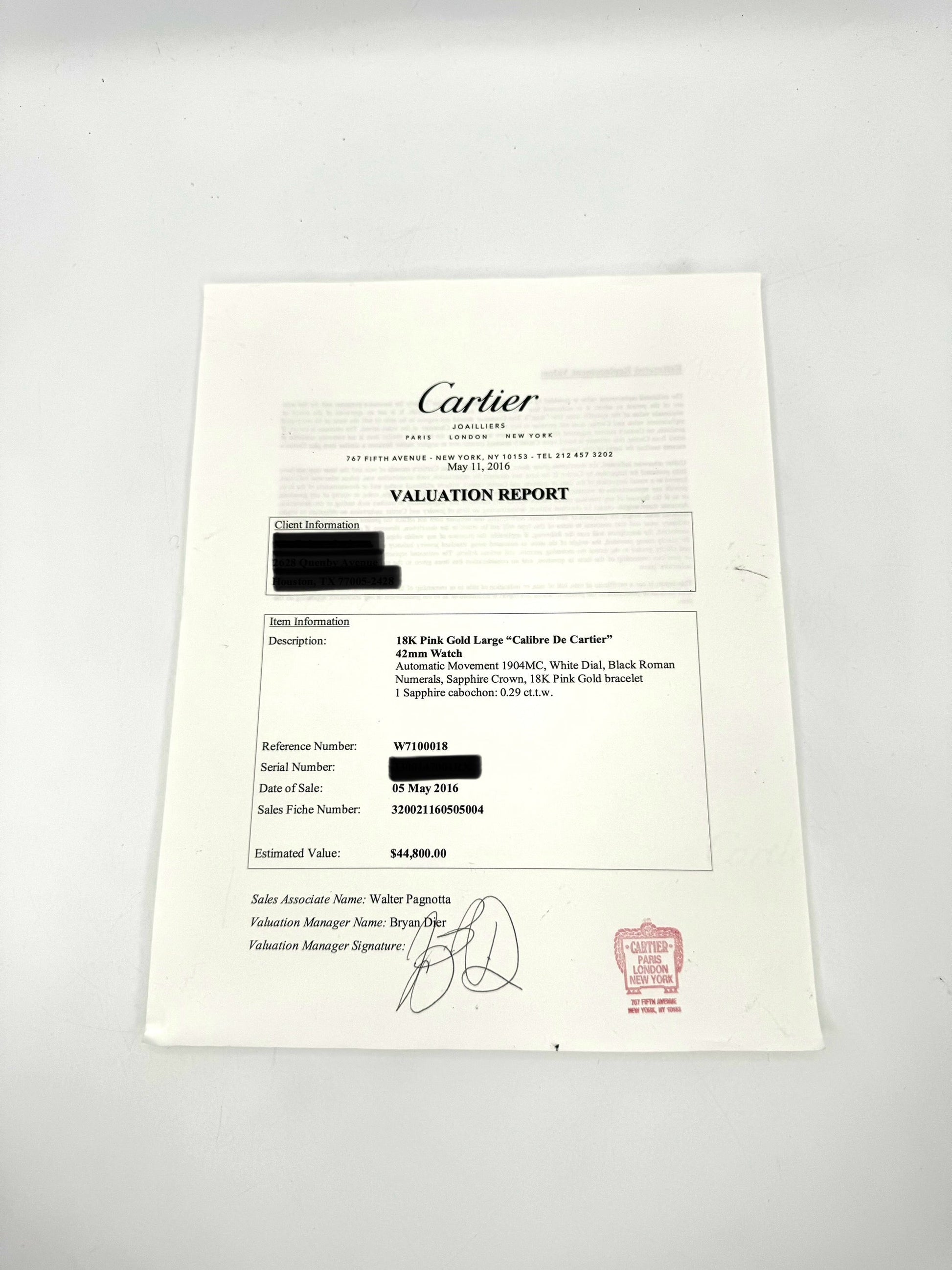 2016 Cartier Calibre de Cartier 42mm W7100018 Rose Gold White Dial - MyWatchLLC