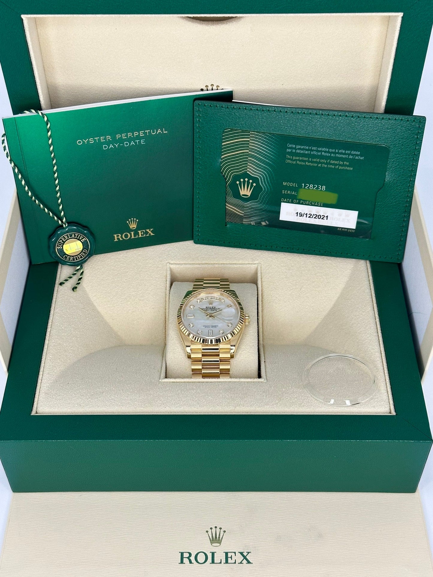 2021 Rolex Day-Date 36mm 128238 Mother of Pearl Diamond Dial - MyWatchLLC