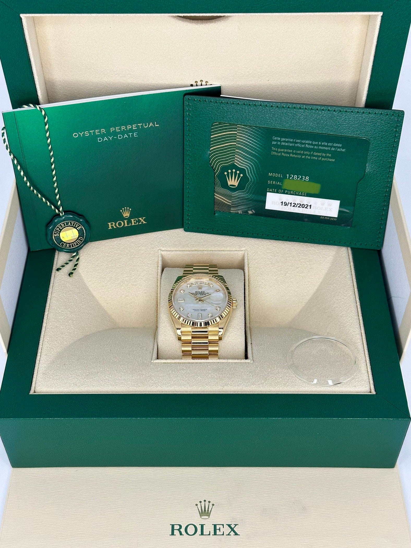 2021 Rolex Day-Date 36mm 128238 Mother of Pearl Diamond Dial - MyWatchLLC
