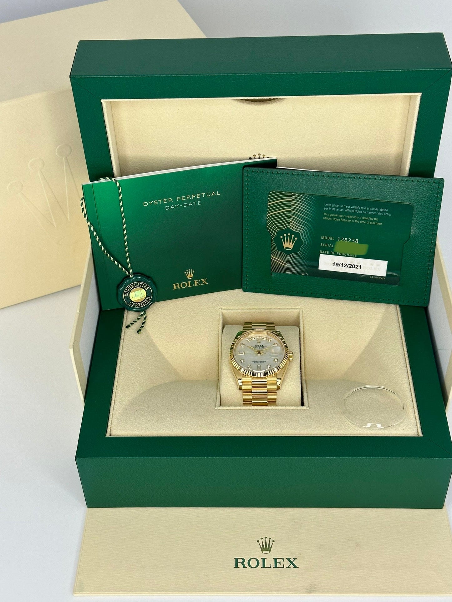 2021 Rolex Day-Date 36mm 128238 Mother of Pearl Diamond Dial - MyWatchLLC