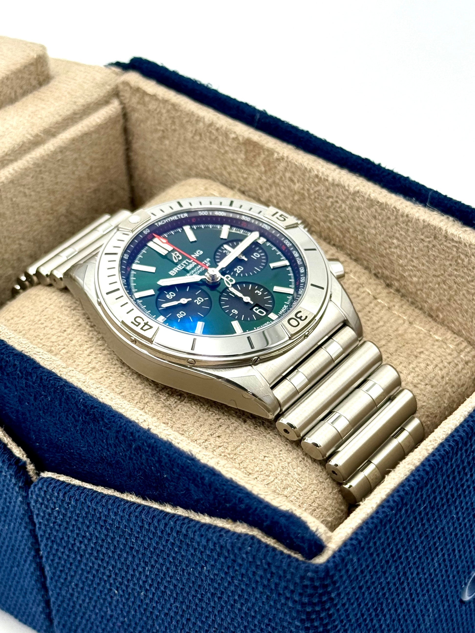 NEW 2023 Breitling Chronomat B01 42 AB0134 Stainless Steel Green Dial - MyWatchLLC