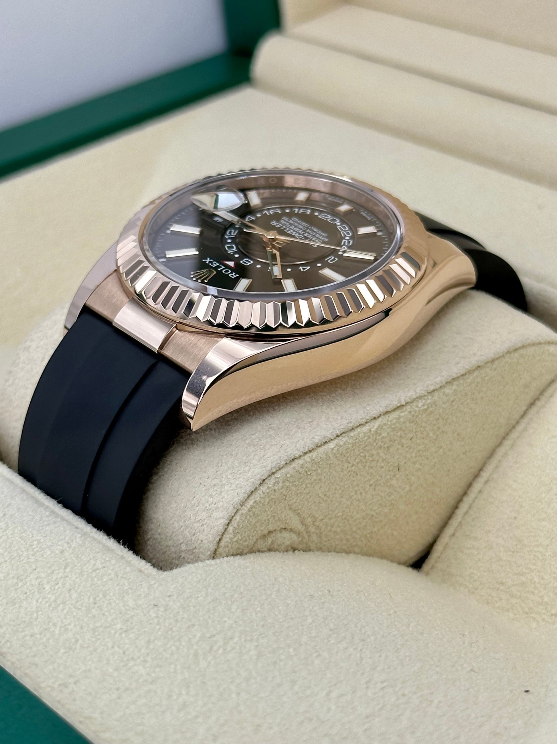 2022 Rolex Sky-Dweller 42mm 326235 Rose Gold Oysterflex Chocolate Dial - MyWatchLLC